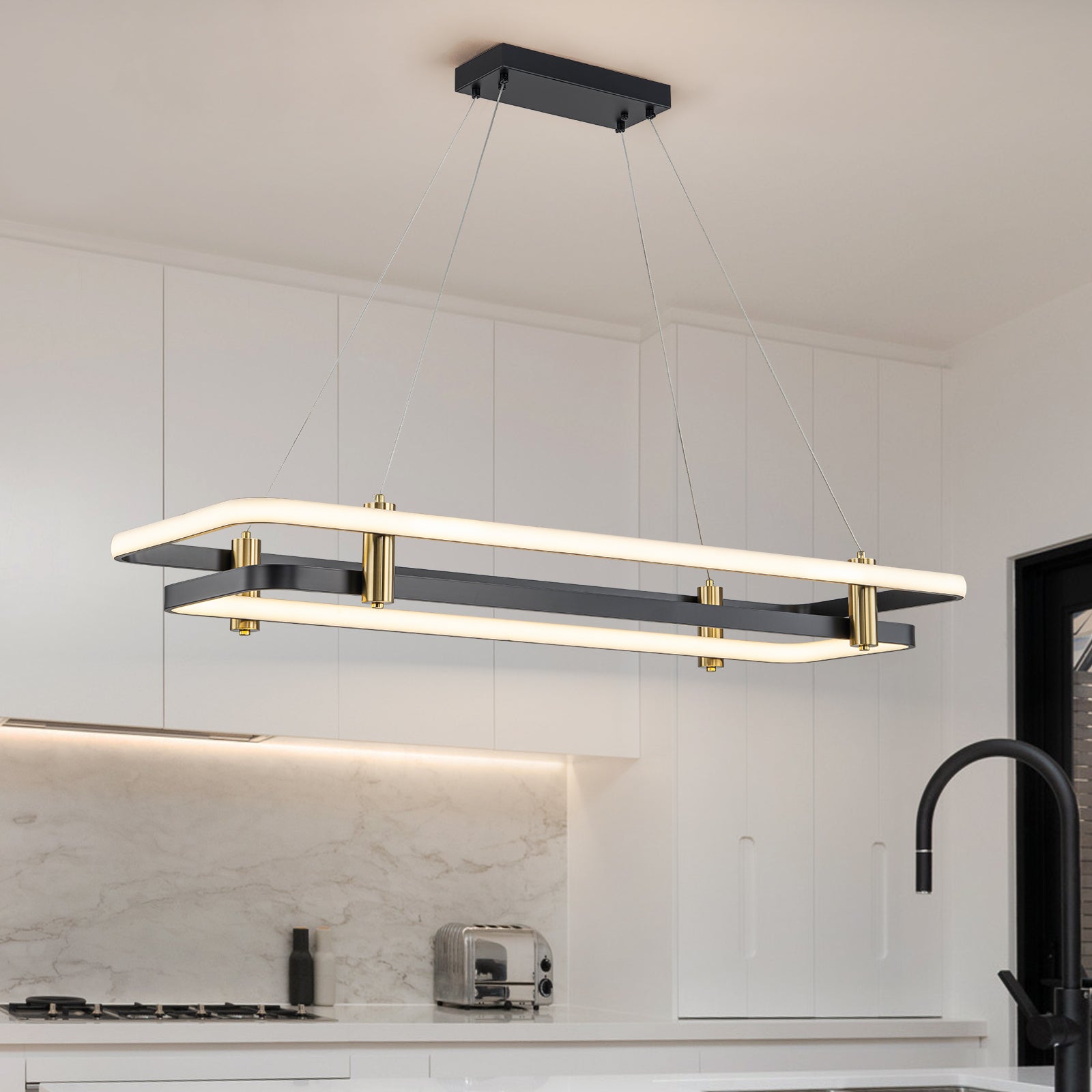 Glowlings 2-Light Modern 48"Wide Large Black 2-Tier Rectangular LED Linear Pendant Light
