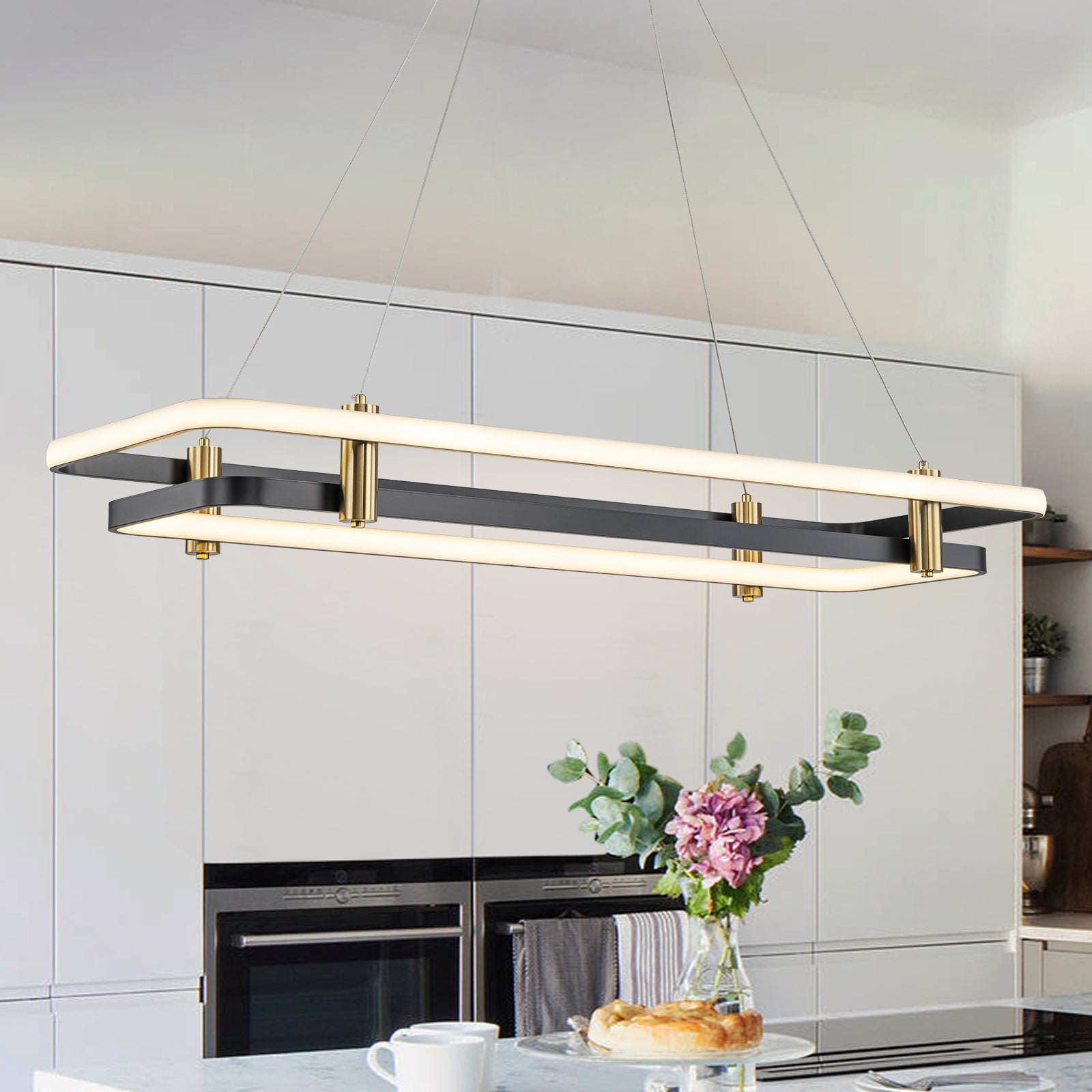 Glowlings 2-Light Modern 48"Wide Large Black 2-Tier Rectangular LED Linear Pendant Light