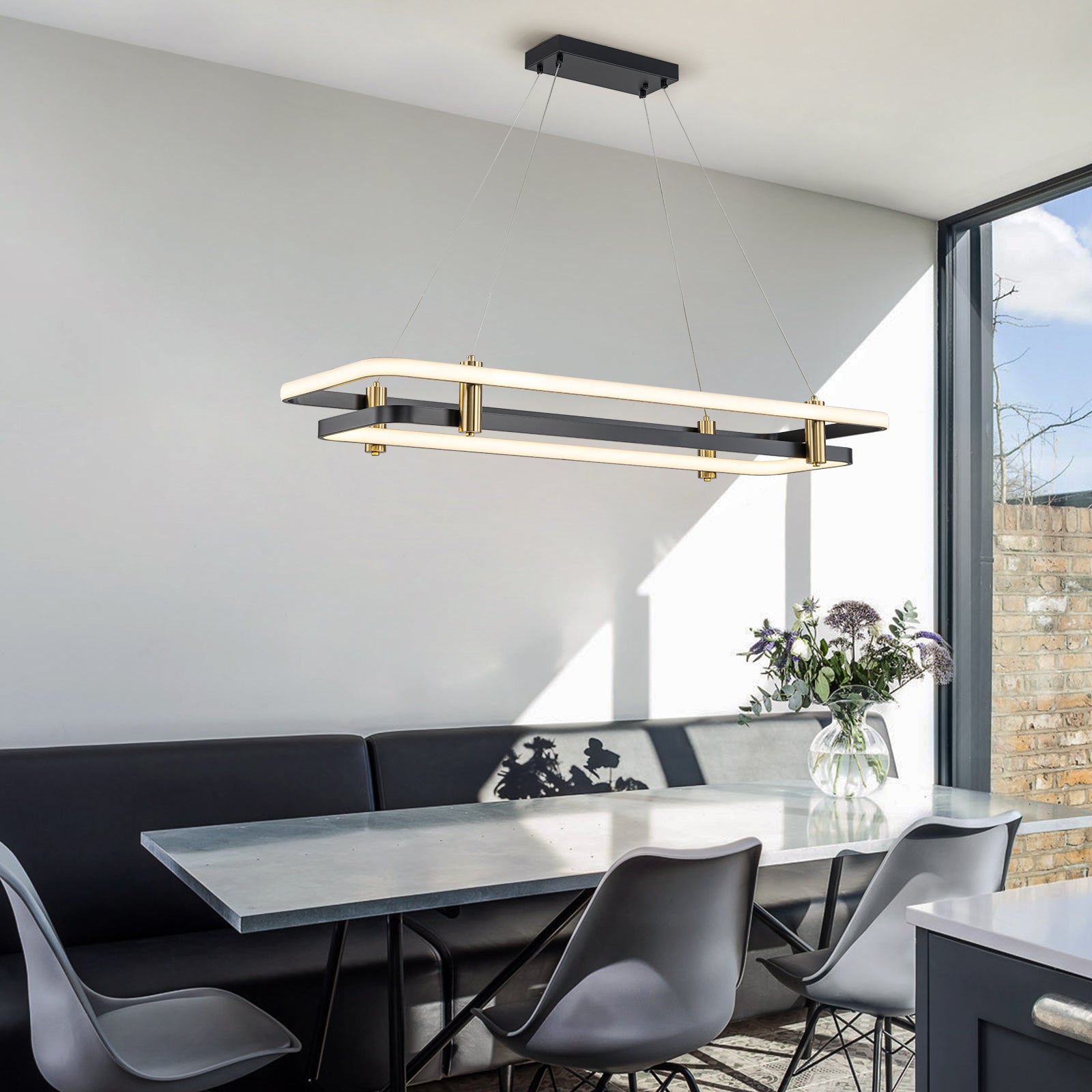 Glowlings 2-Light Modern 48"Wide Large Black 2-Tier Rectangular LED Linear Pendant Light