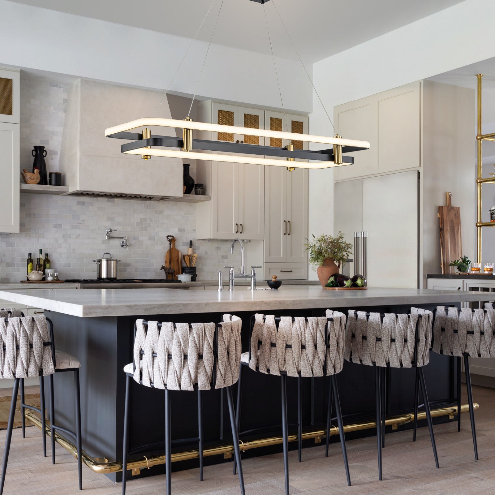 Glowlings 2-Light Modern 48"Wide Large Black 2-Tier Rectangular LED Linear Pendant Light