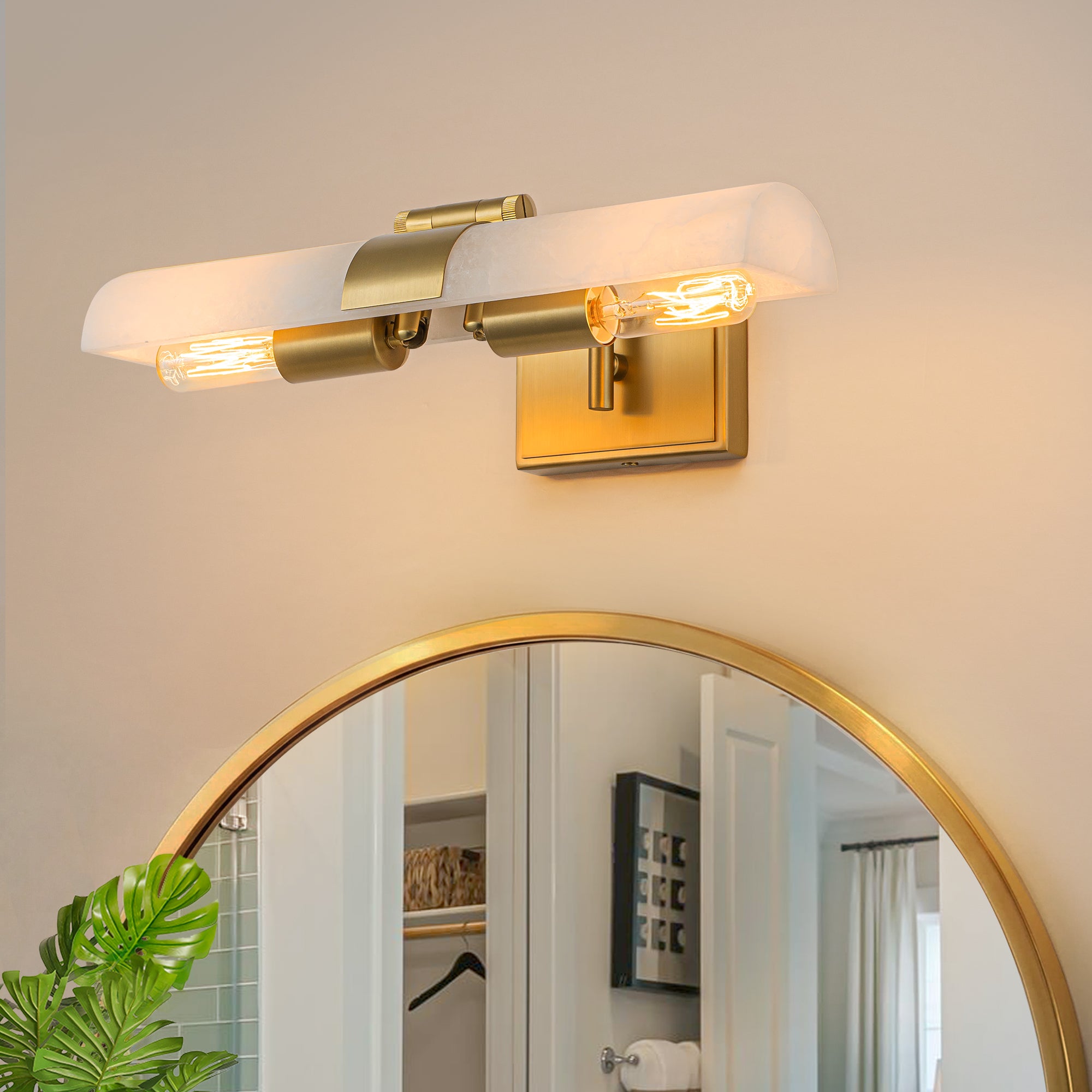 Glowlings 2-Light Modern Luxury Natural Texture Alabaster Wall Sconce Brushed Brass Picture Light with 320° Adjustable Shade