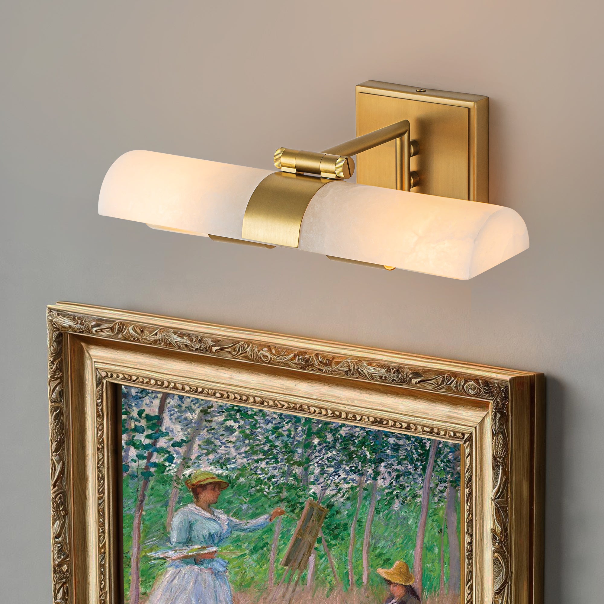 Glowlings 2-Light Modern Luxury Natural Texture Alabaster Wall Sconce Brushed Brass Picture Light with 320° Adjustable Shade