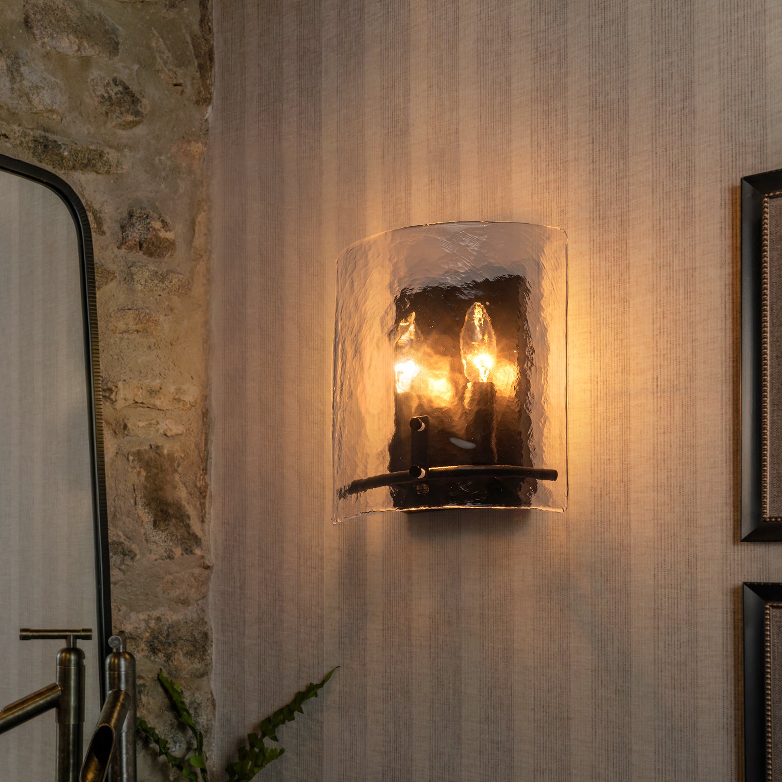 Glowlings 2-Light Modern Matte Black Wall Sconce with Hammered Hand-Blown Water Glass Shade