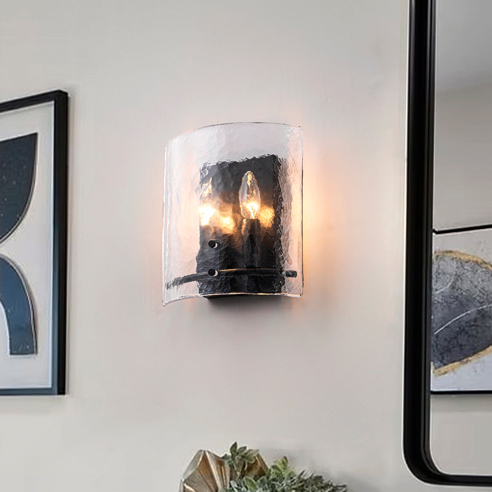 Glowlings 2-Light Modern Matte Black Wall Sconce with Hammered Hand-Blown Water Glass Shade