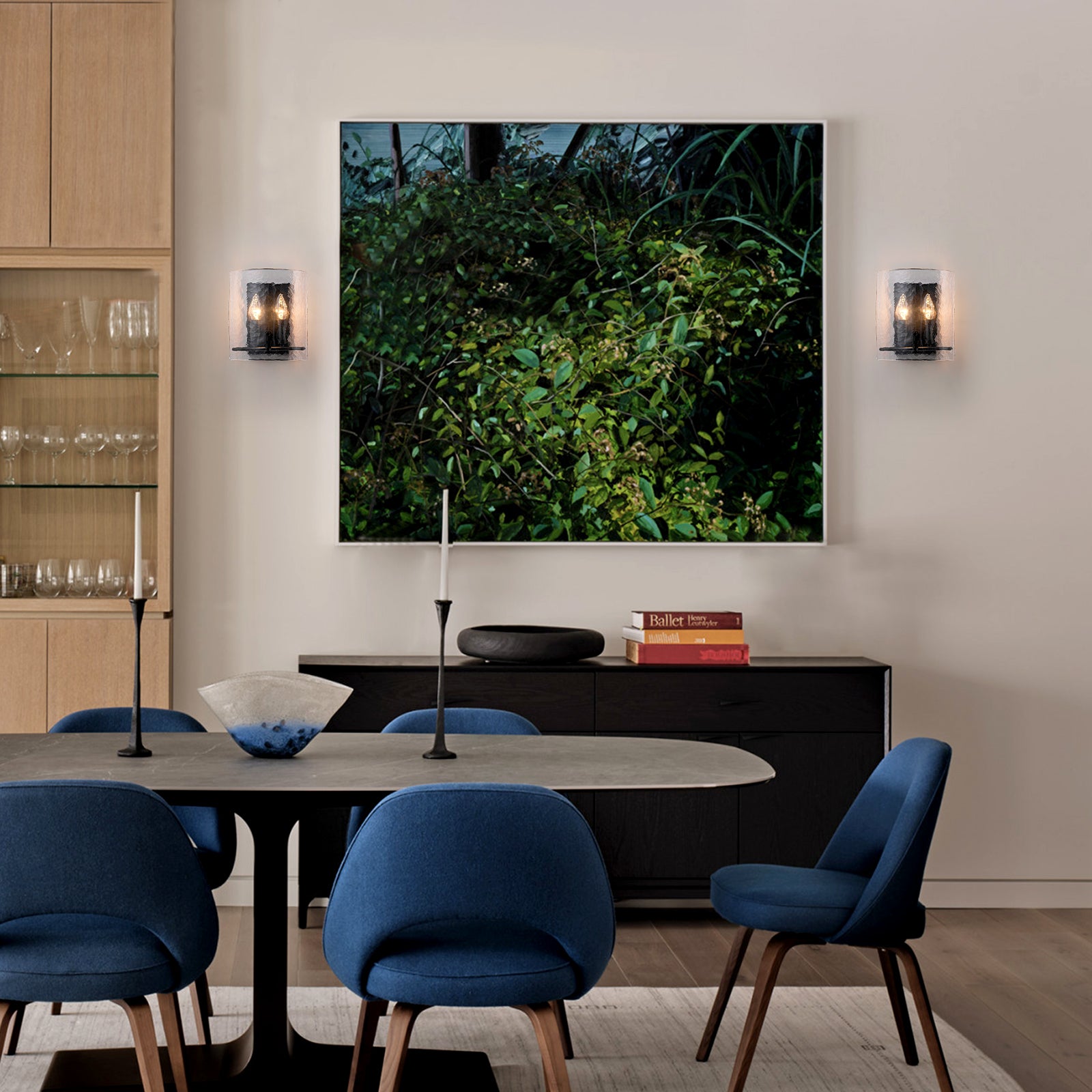 Glowlings 2-Light Modern Matte Black Wall Sconce with Hammered Hand-Blown Water Glass Shade