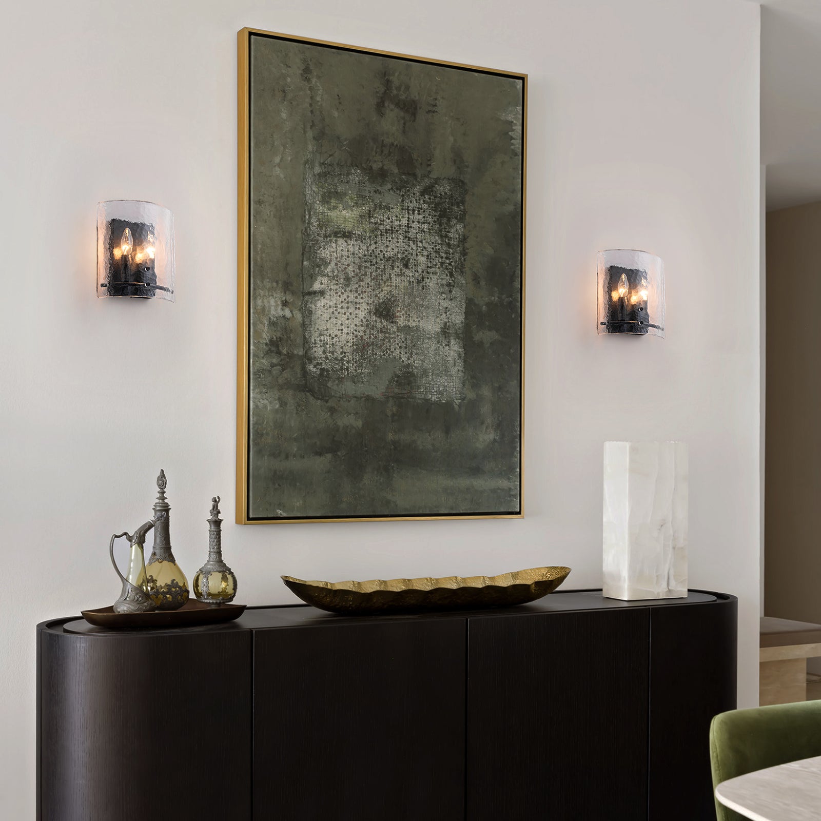Glowlings 2-Light Modern Matte Black Wall Sconce with Hammered Hand-Blown Water Glass Shade