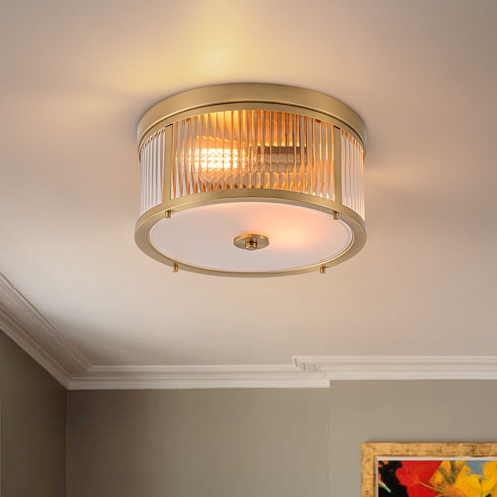 Glowlings 2-Light Modern 14"Wide Natural Brass Ribbed Glass Round Flush Mount Ceiling Light