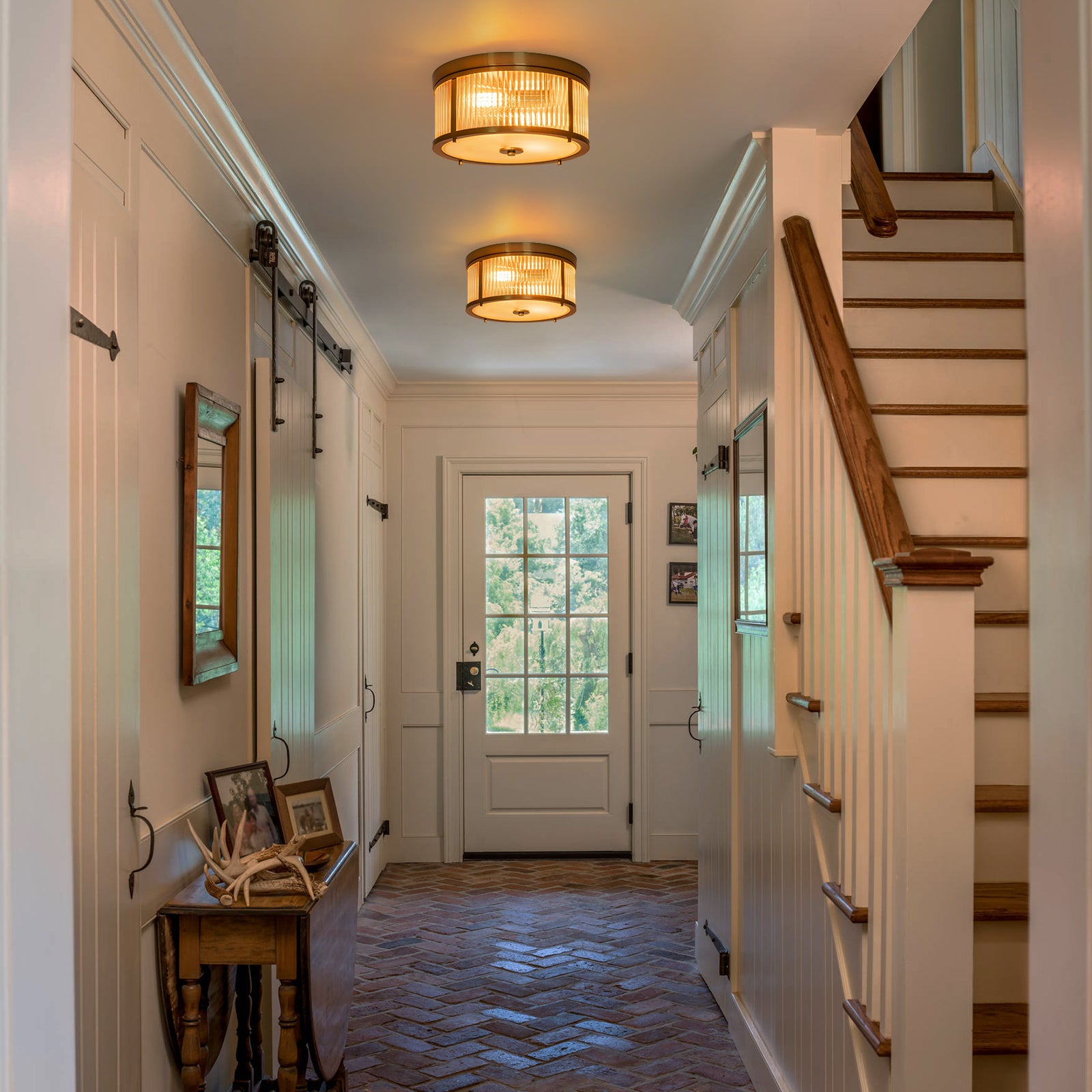 Glowlings 2-Light Modern 14"Wide Natural Brass Ribbed Glass Round Flush Mount Ceiling Light