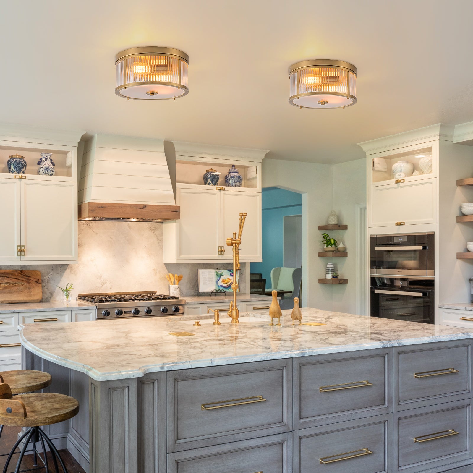 Glowlings 2-Light Modern 14"Wide Natural Brass Ribbed Glass Round Flush Mount Ceiling Light