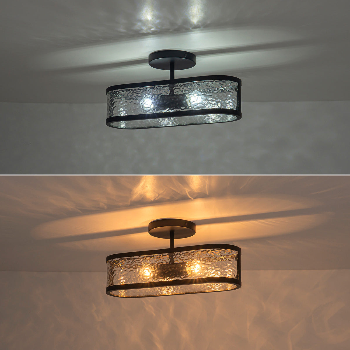 Glowlings 2-Light 15"Wide Modern Black Oval Semi Flush Mount Ceiling Light with Water Ripple Glass