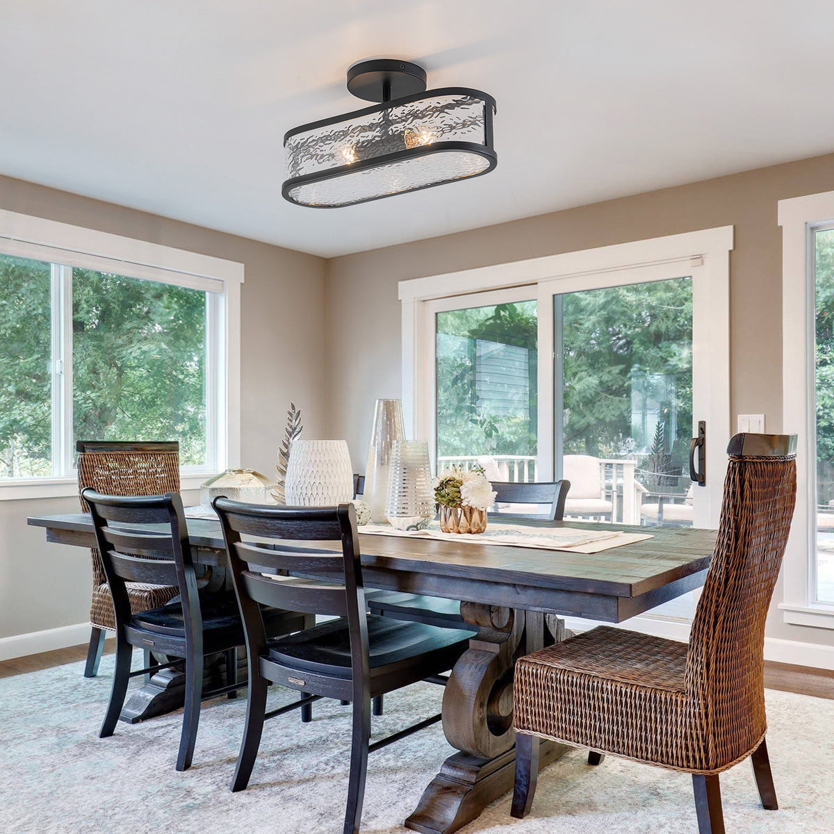 Glowlings 2-Light 15"Wide Modern Black Oval Semi Flush Mount Ceiling Light with Water Ripple Glass