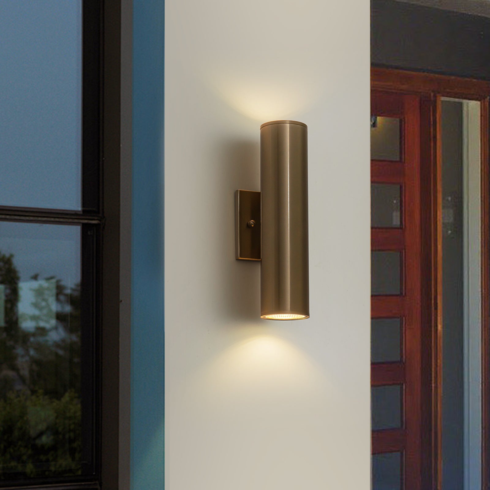Glowlings 2-Light Modern 12"High IP54 Polished Copper LED Cylinder Armed Outdoor Wall Sconce