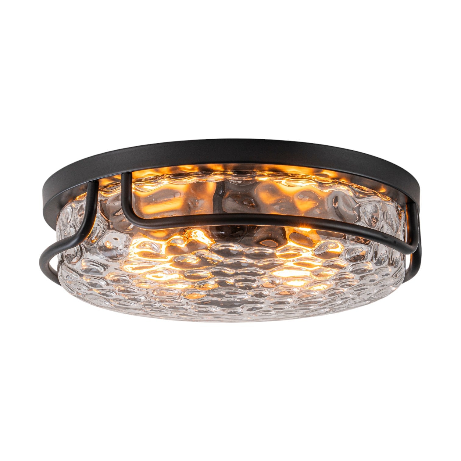 Glowlings 2-Light Modern 13"Wide Round Black Hammered Clear Glass Flush Mount Ceiling Light