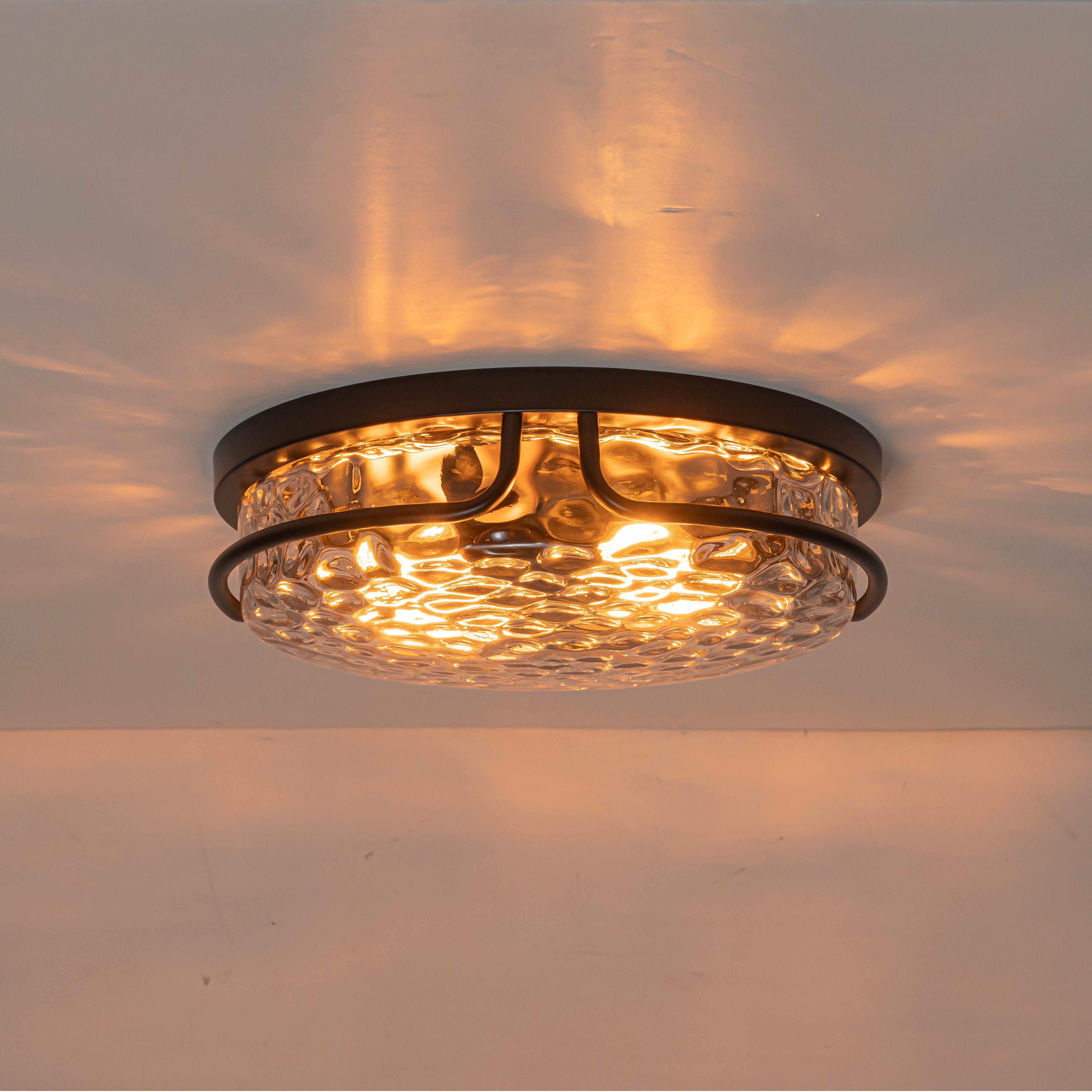 Glowlings 2-Light Modern 13"Wide Round Black Hammered Clear Glass Flush Mount Ceiling Light