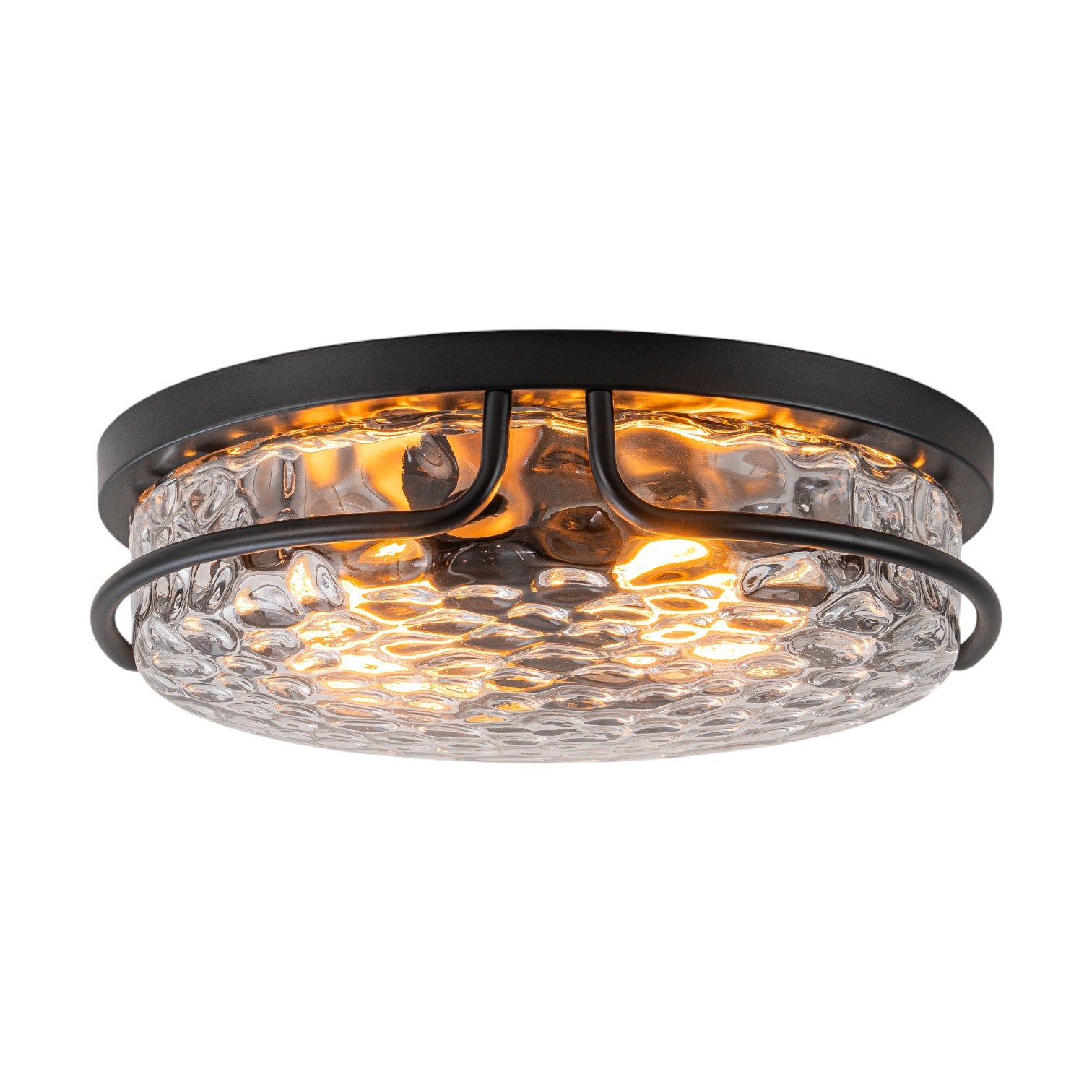 Glowlings 2-Light Modern 13"Wide Round Black Hammered Clear Glass Flush Mount Ceiling Light