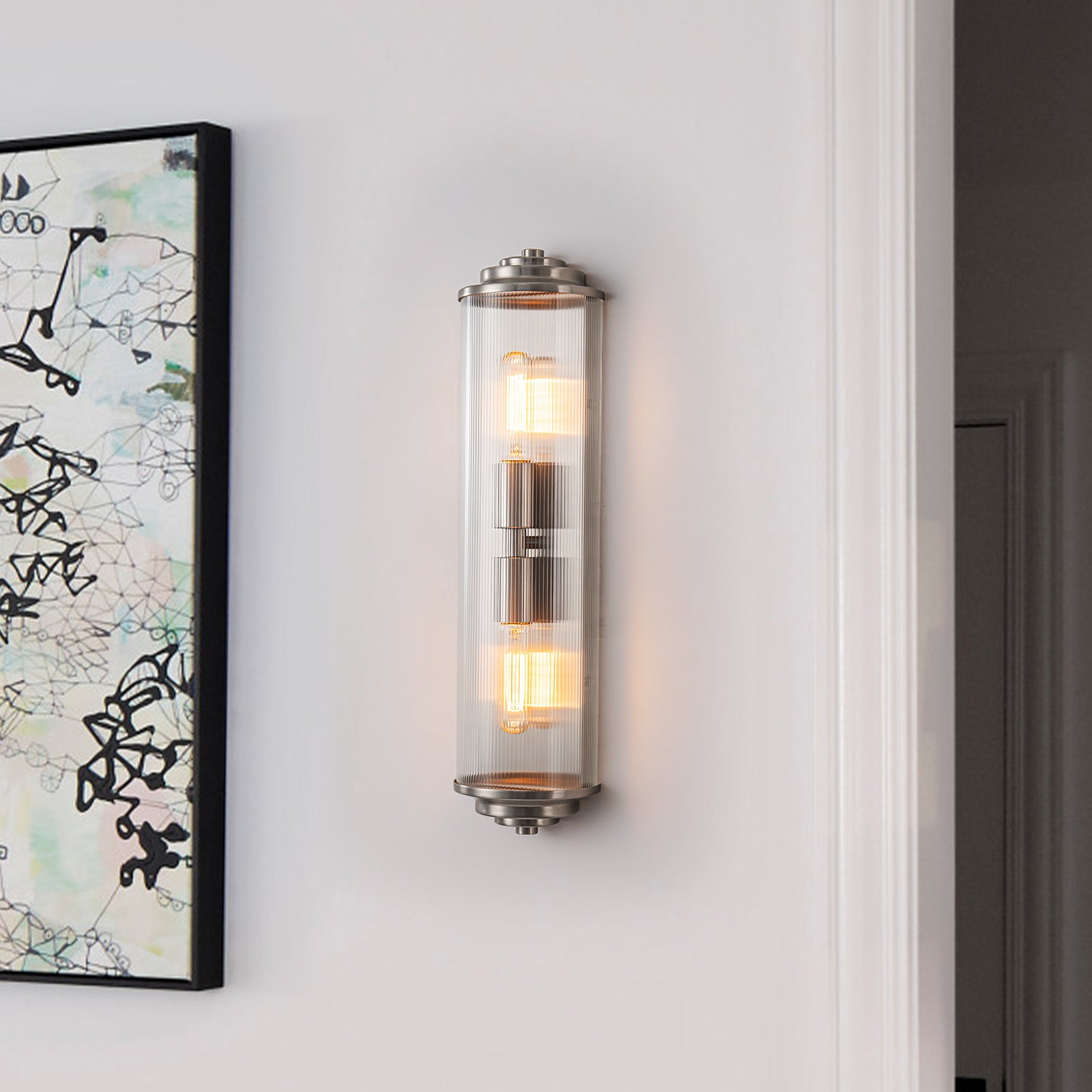 Glowlings 2-Light Modern 21"High Satin Nickel Clear Fluted Ribbed Glass Cylinder Wall Sconce