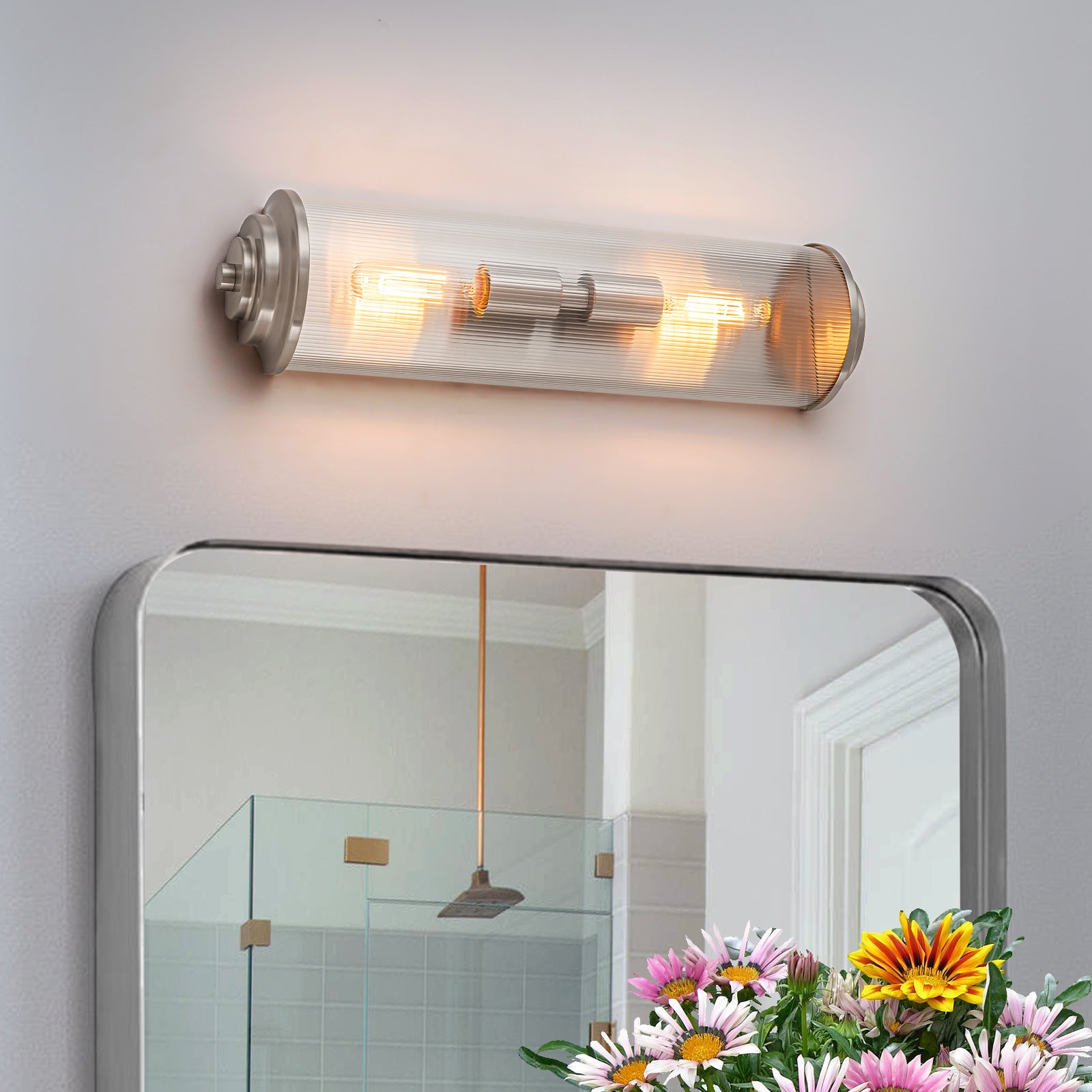 Glowlings 2-Light Modern 21"High Satin Nickel Clear Fluted Ribbed Glass Cylinder Wall Sconce