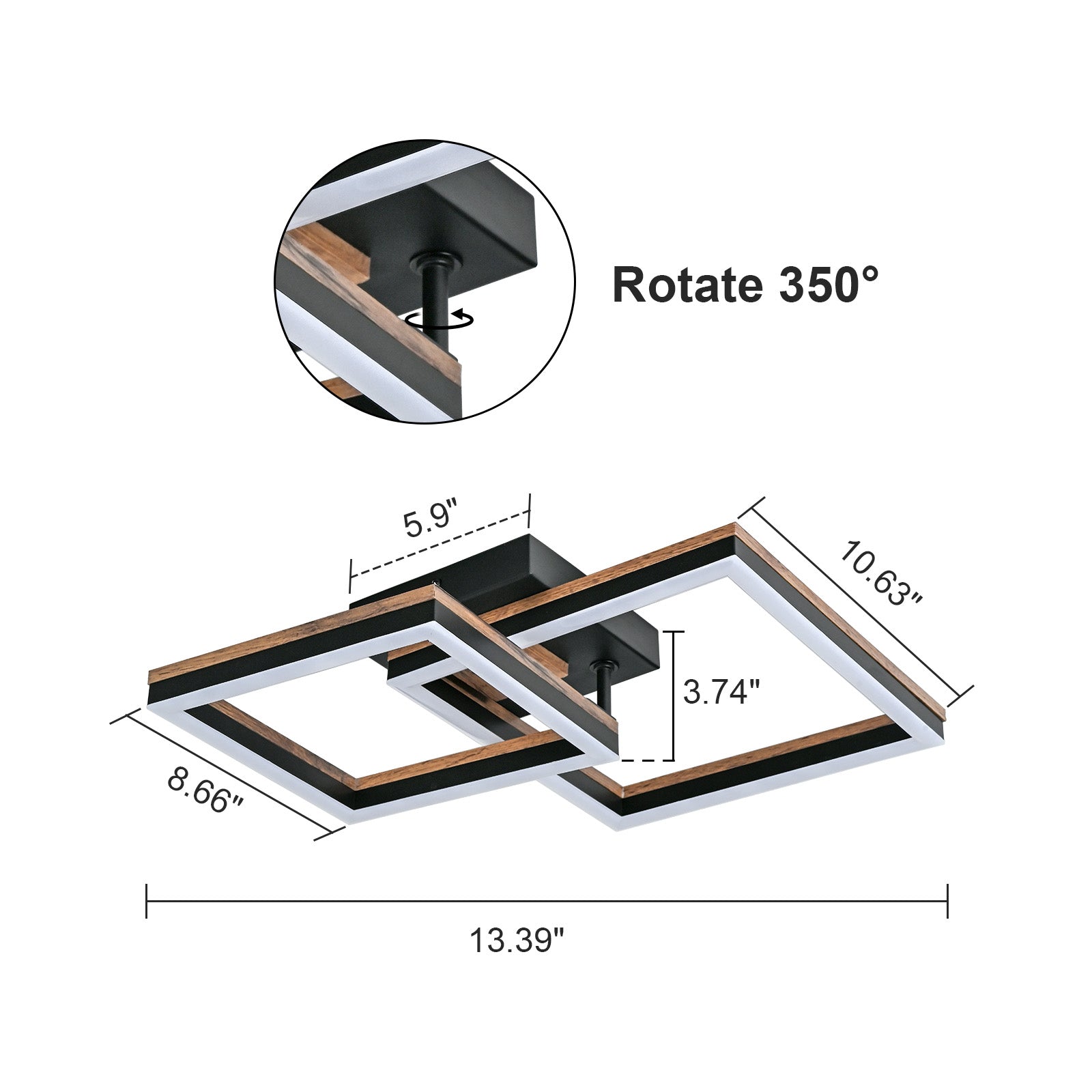 Glowlings 2-Light Modern Square Rotated 360° Integrated LED Wood Flush Mount Ceiling Light