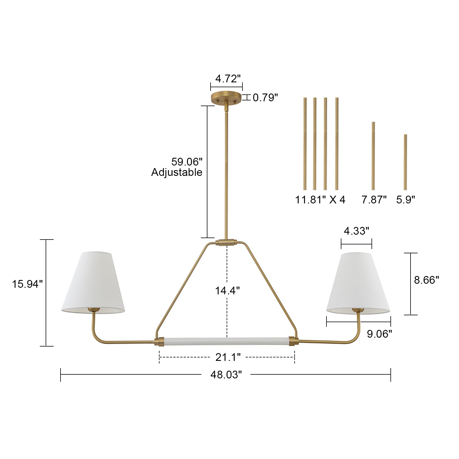Glowlings 2-Light Traditional 48"Wide Large Aged Brass Cone White Fabric Linear Pendant Light