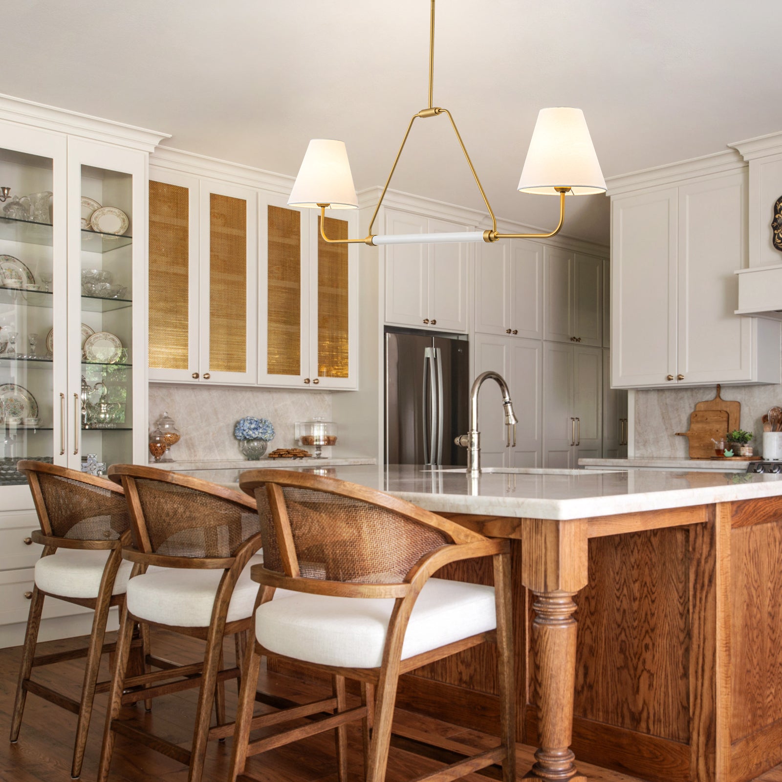 Glowlings 2-Light Traditional 48"Wide Large Aged Brass Cone White Fabric Linear Pendant Light