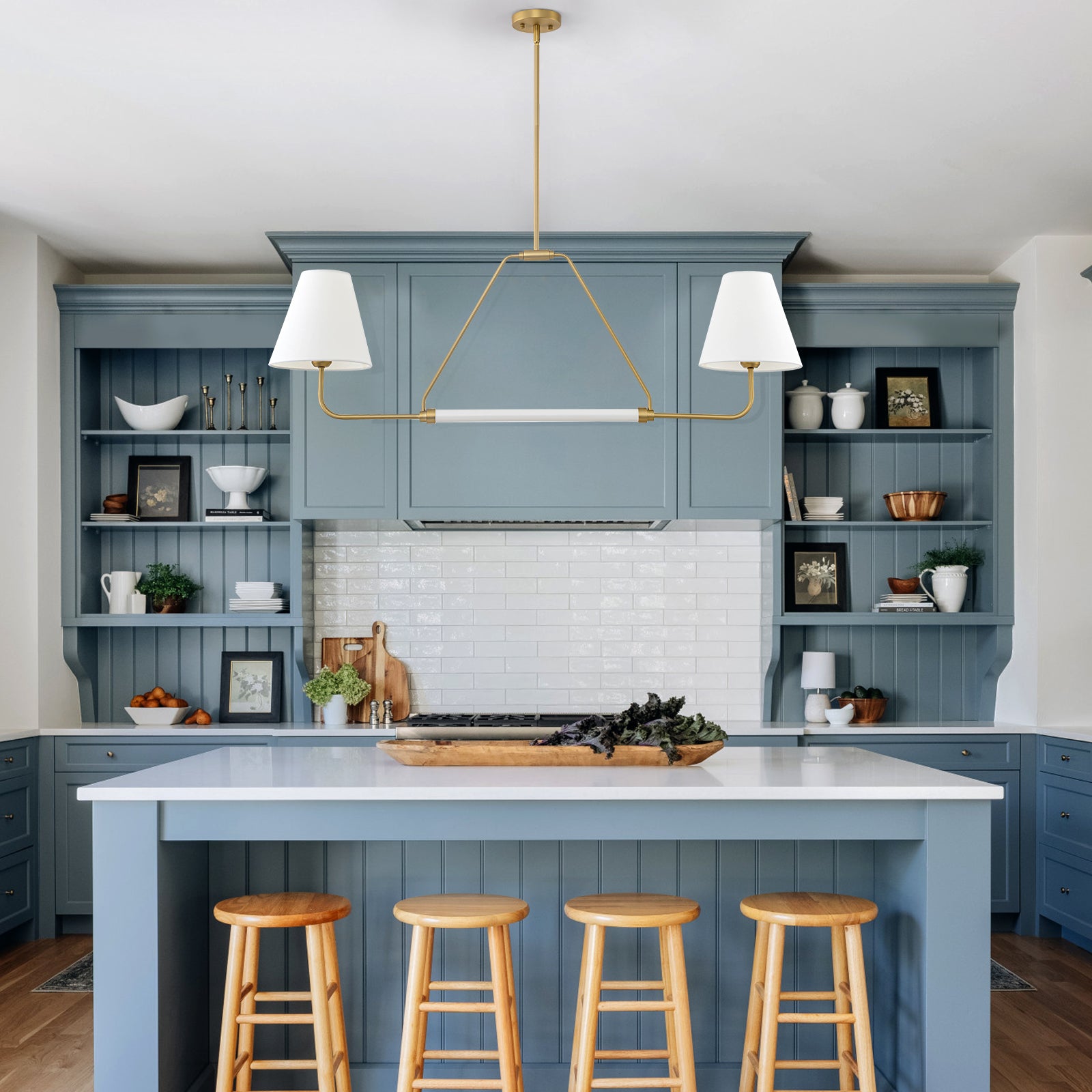 Glowlings 2-Light Traditional 48"Wide Large Aged Brass Cone White Fabric Linear Pendant Light