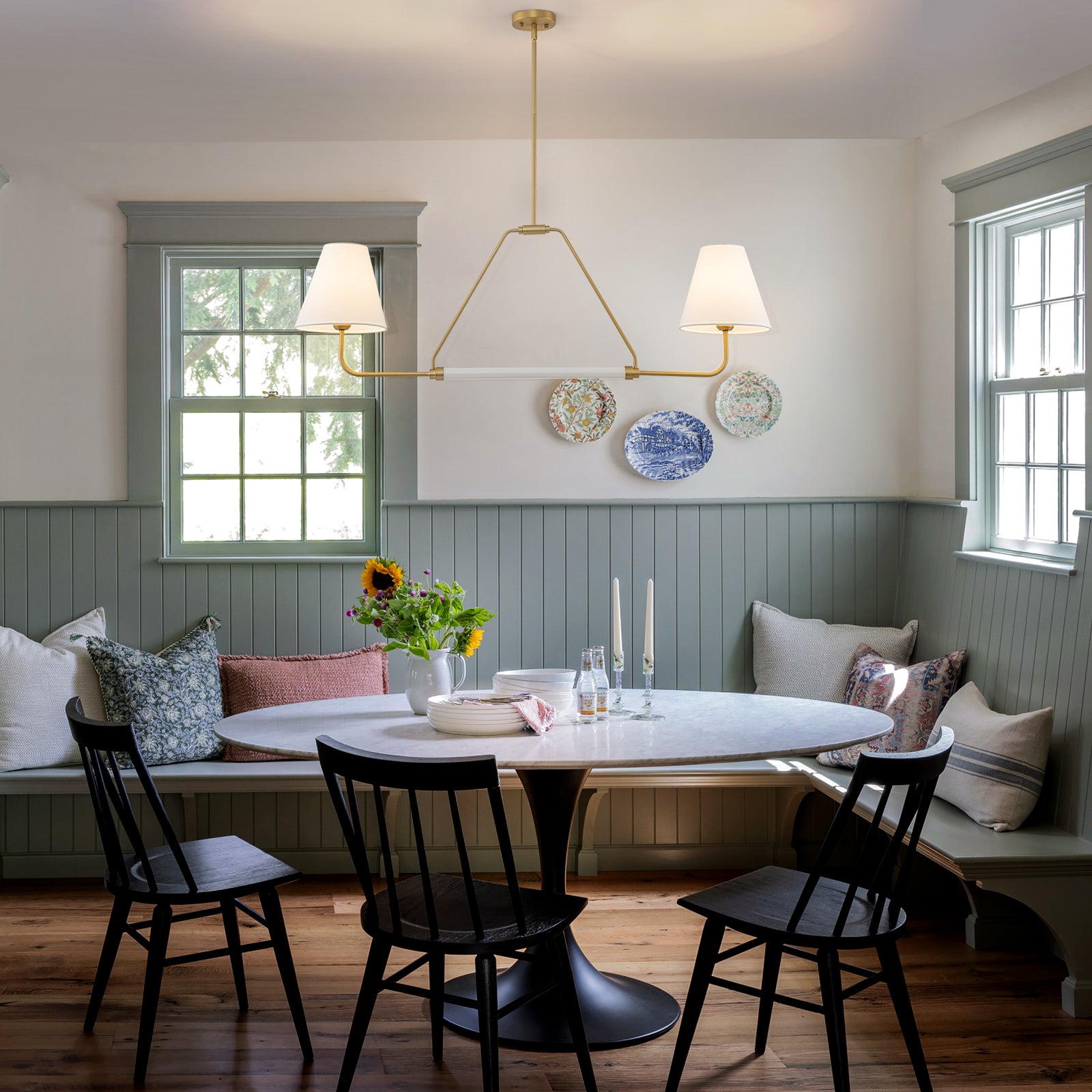 Glowlings 2-Light Traditional 48"Wide Large Aged Brass Cone White Fabric Linear Pendant Light