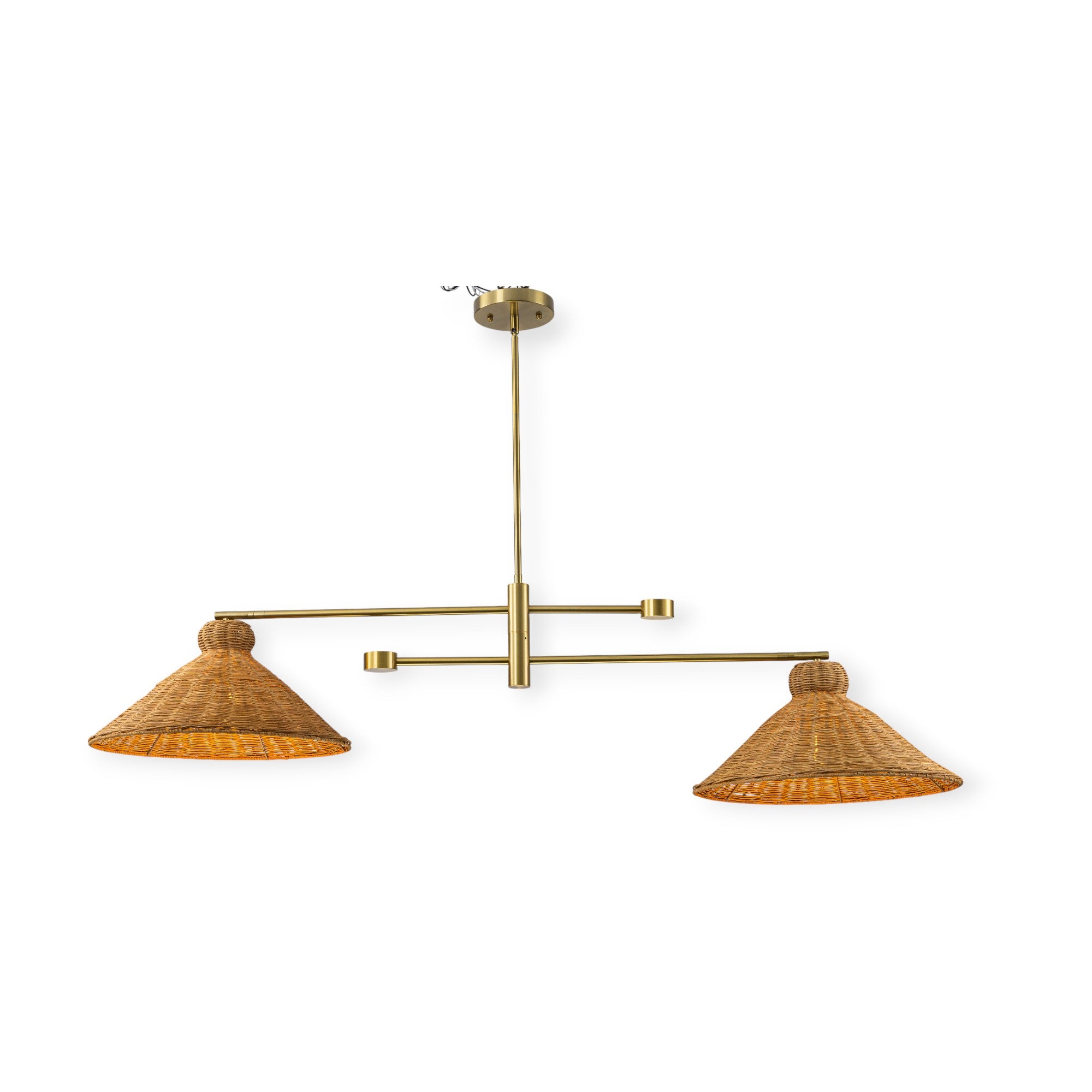 Glowlings 2-Light Vintage 59"Wide Large Gold Hand-Woven Natural Rattan Cone Linear Pendant Light