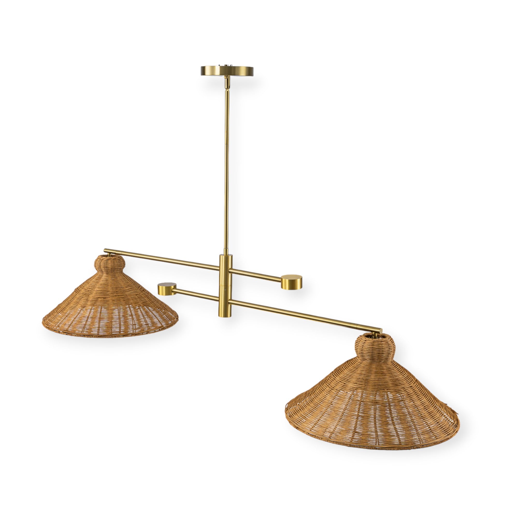 Glowlings 2-Light Vintage 59"Wide Large Gold Hand-Woven Natural Rattan Cone Linear Pendant Light