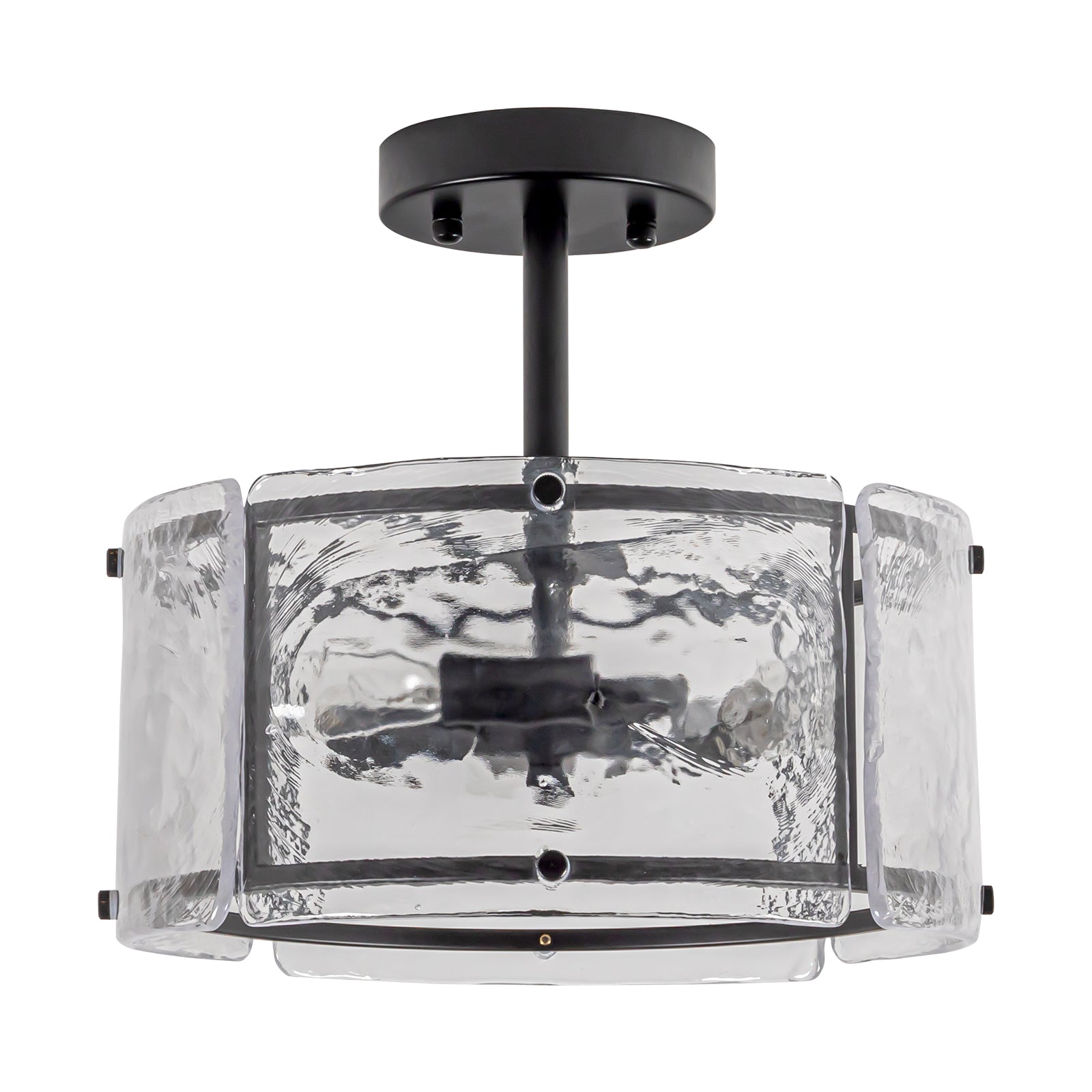 Glowlings 3-Light Modern 12"Wide Drum Black Water Ripple Glass Semi Flush Mount