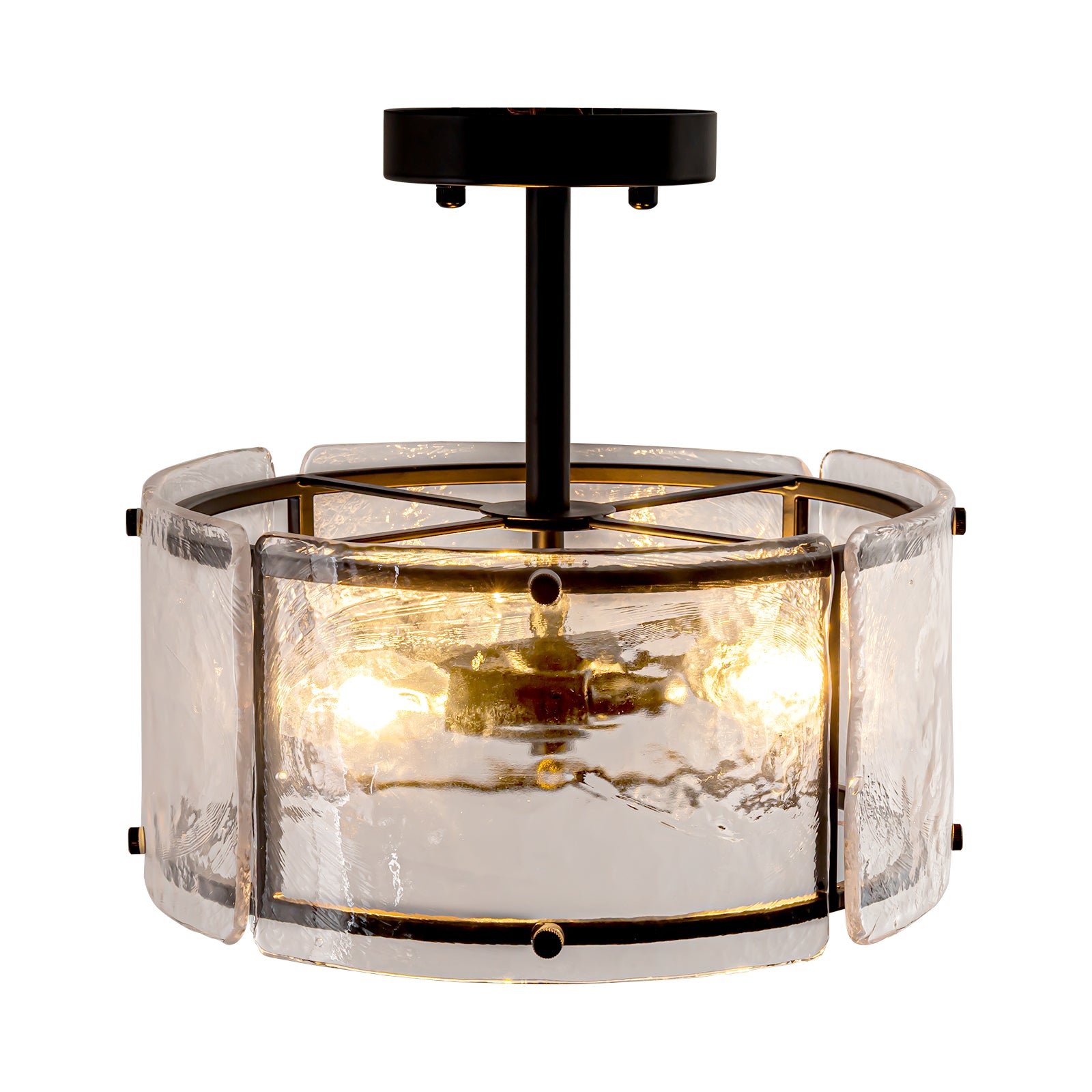 Glowlings 3-Light Modern 12"Wide Drum Black Water Ripple Glass Semi Flush Mount
