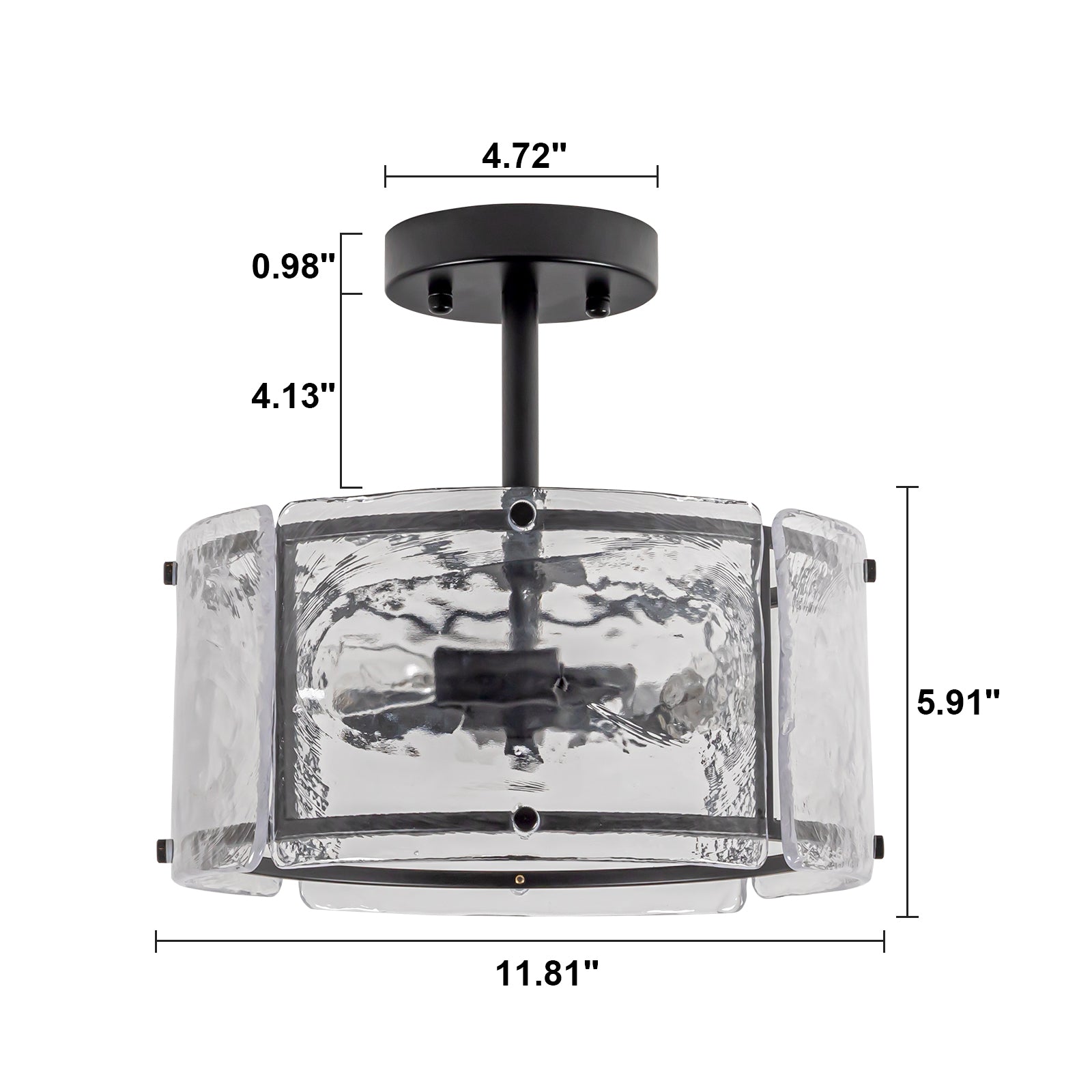 Glowlings 3-Light Modern 12"Wide Drum Black Water Ripple Glass Semi Flush Mount