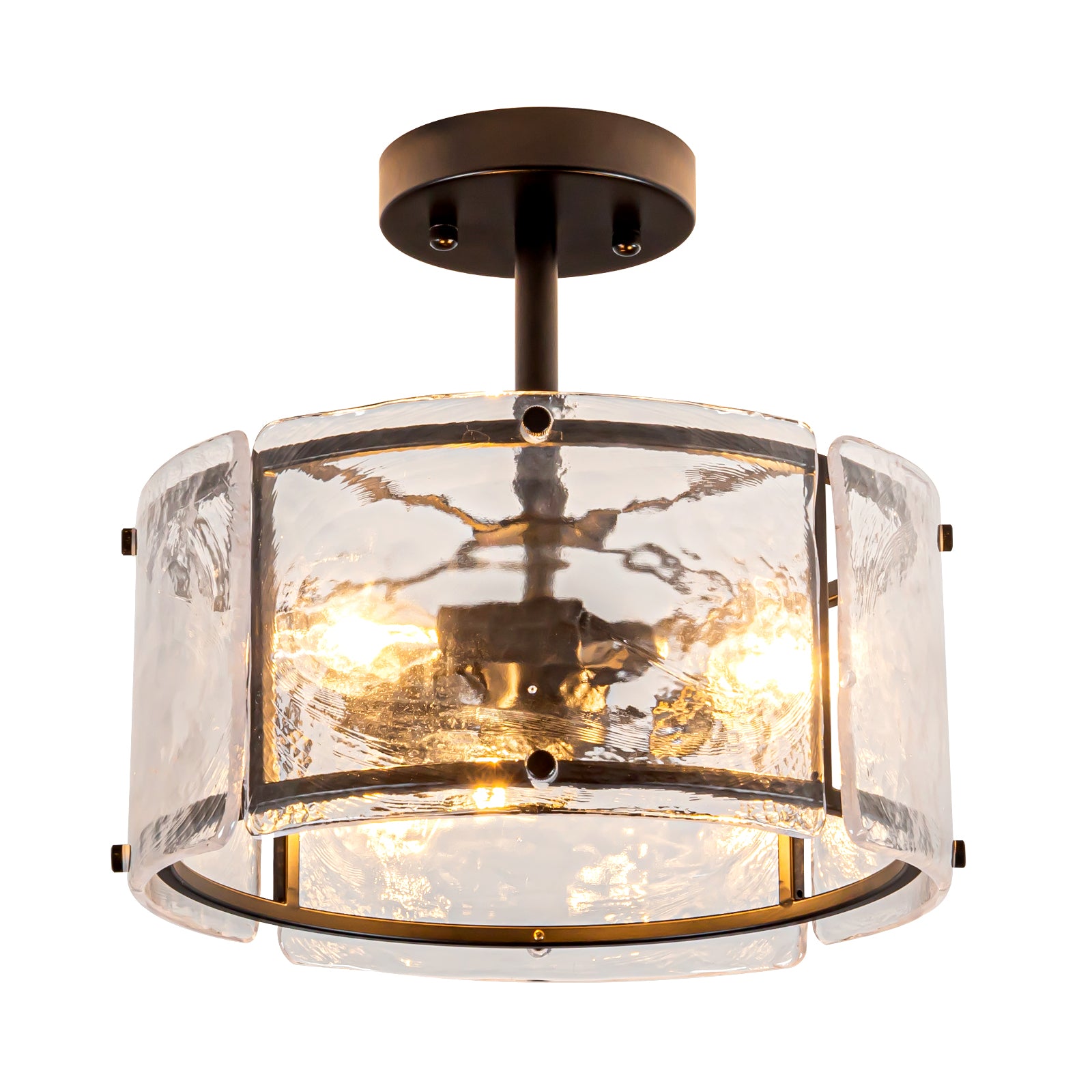 Glowlings 3-Light Modern 12"Wide Drum Black Water Ripple Glass Semi Flush Mount