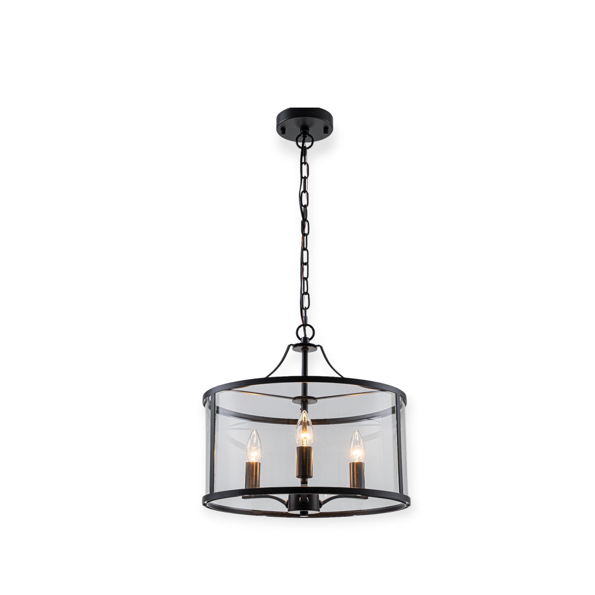 Glowlings 3-Lght Modern 16"Wide Black Round Drum Clear Glass Chandelier