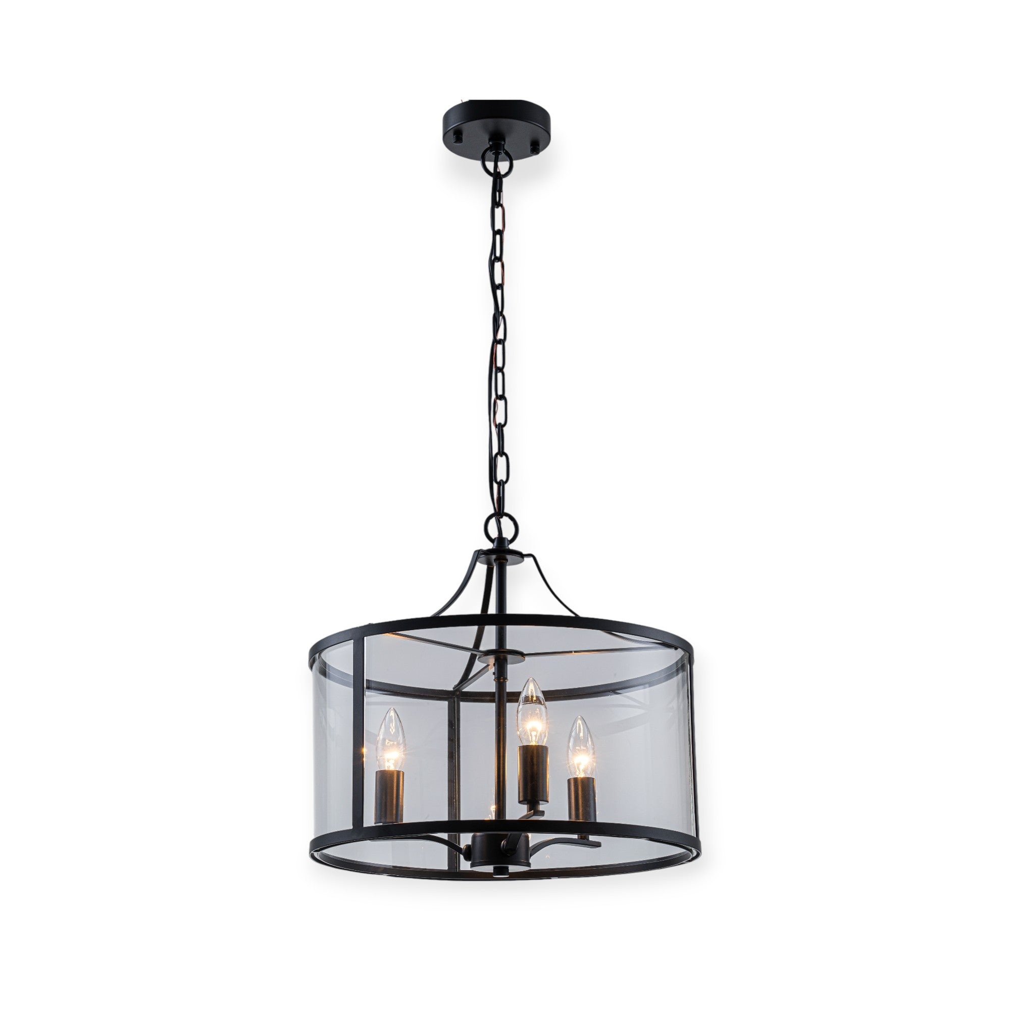 Glowlings 3-Lght Modern 16"Wide Black Round Drum Clear Glass Chandelier