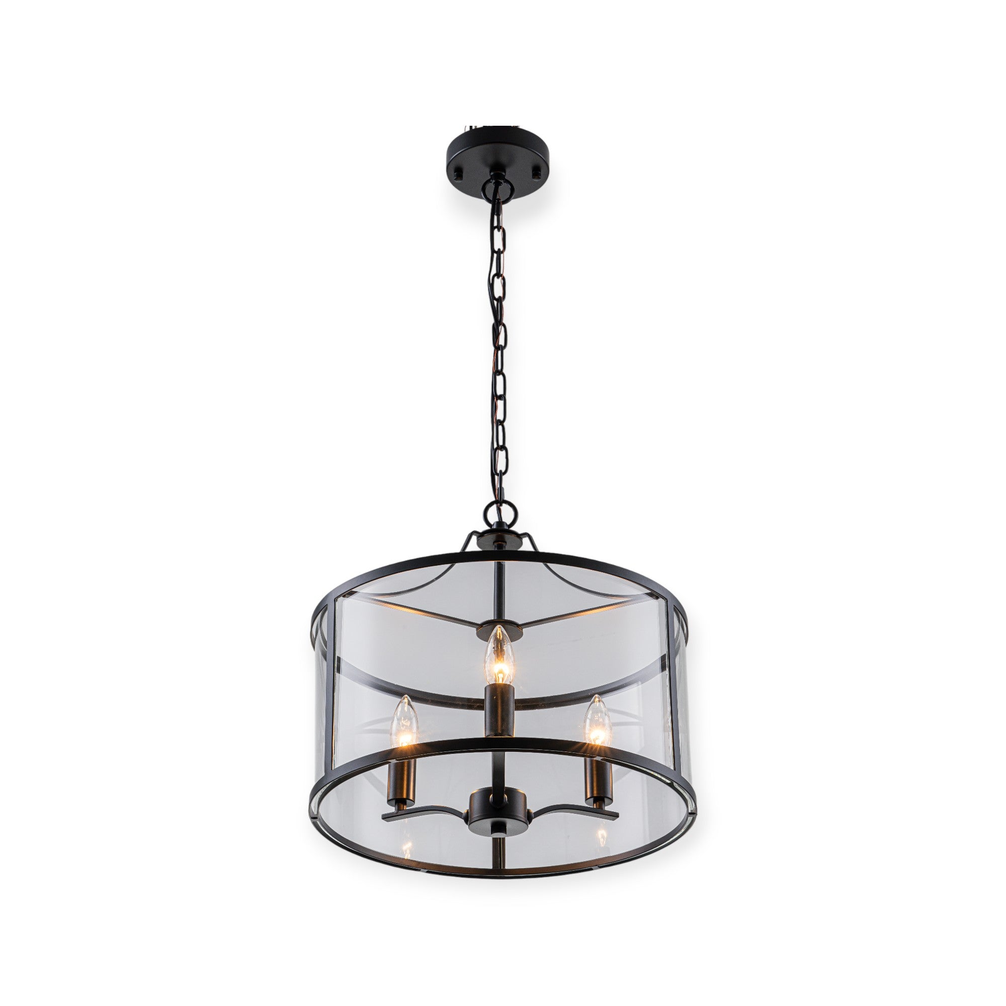 Glowlings 3-Lght Modern 16"Wide Black Round Drum Clear Glass Chandelier