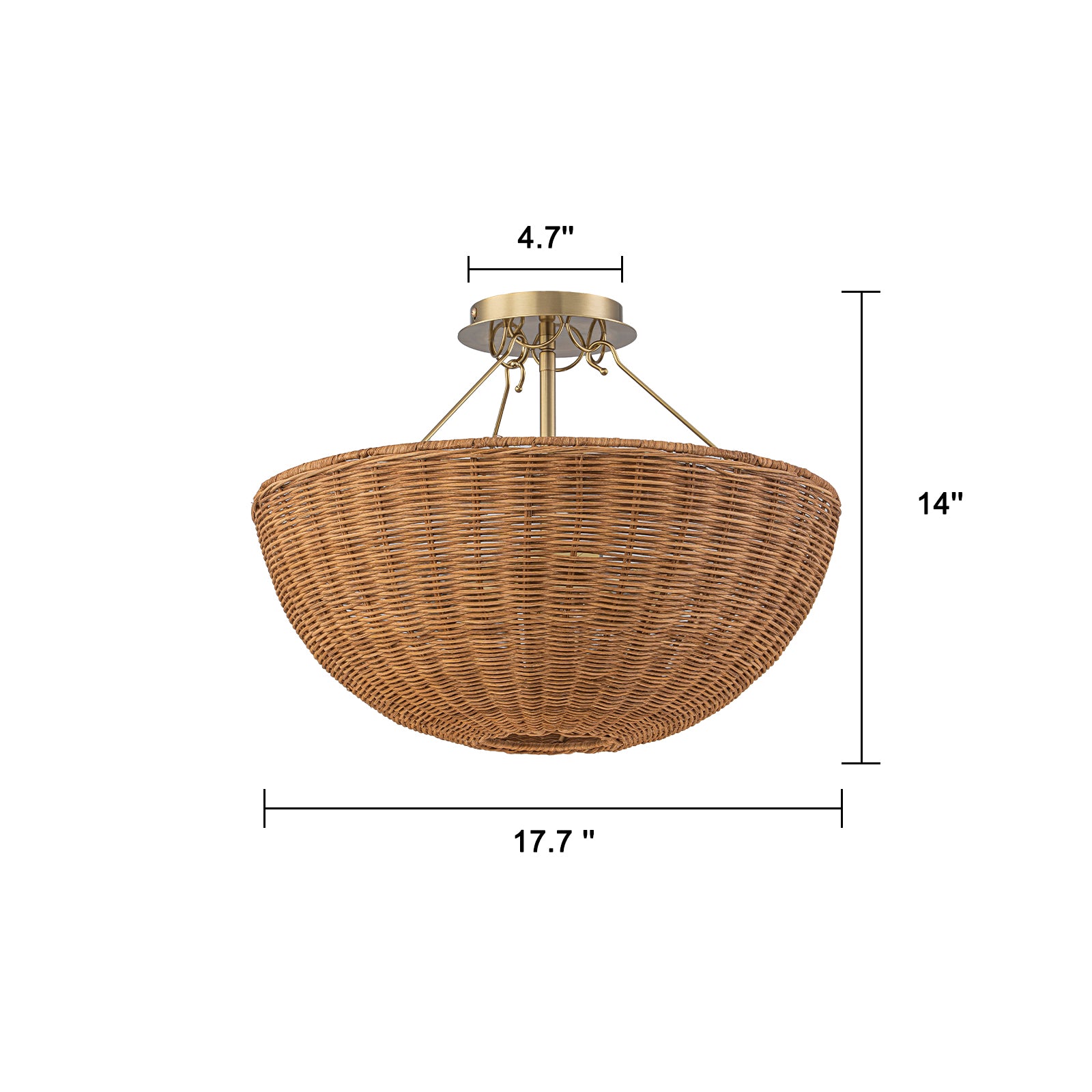 Glowlings 3-Light Boho Brass Rattan Semi Flush Mount Ceiling Light Handwoven Wicker Bowl Light Fixture
