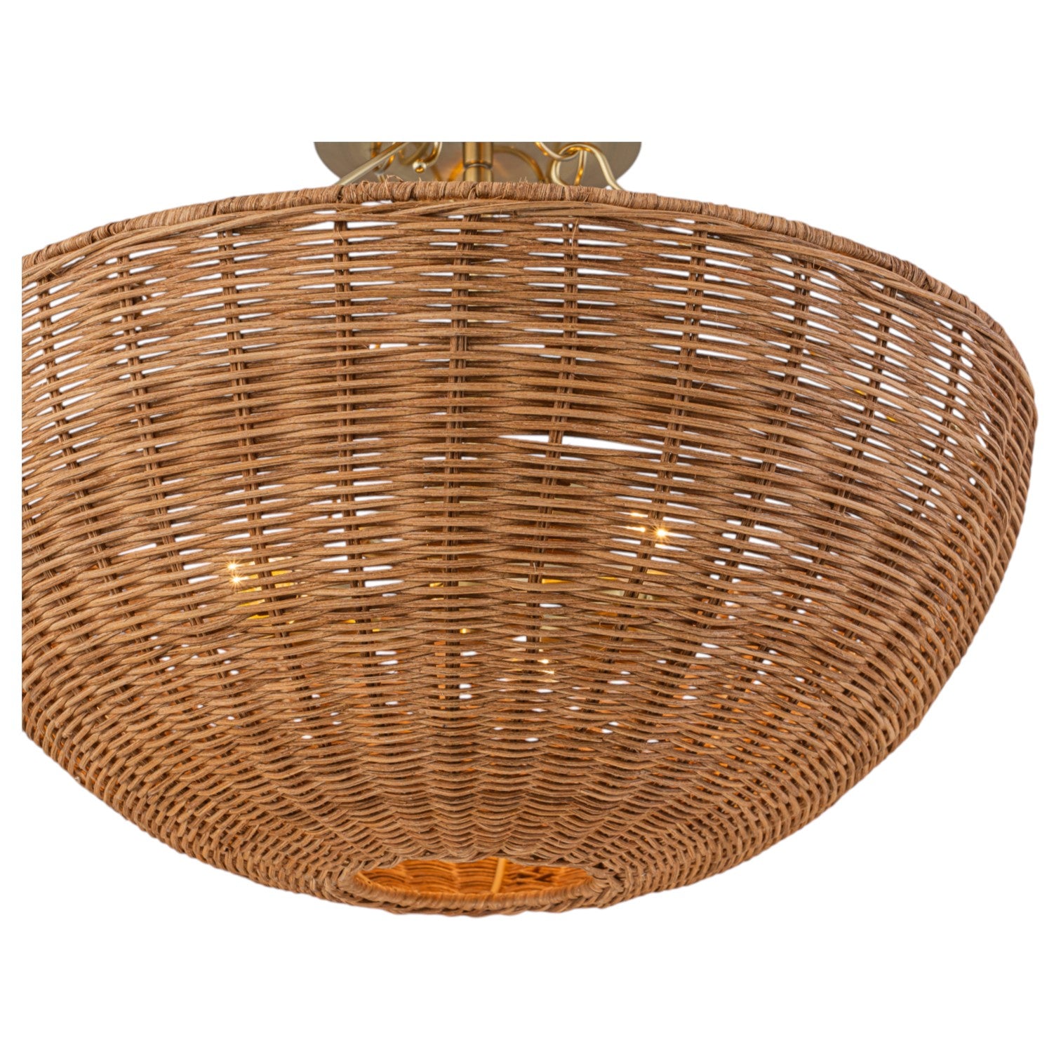 Glowlings 3-Light Boho Brass Rattan Semi Flush Mount Ceiling Light Handwoven Wicker Bowl Light Fixture