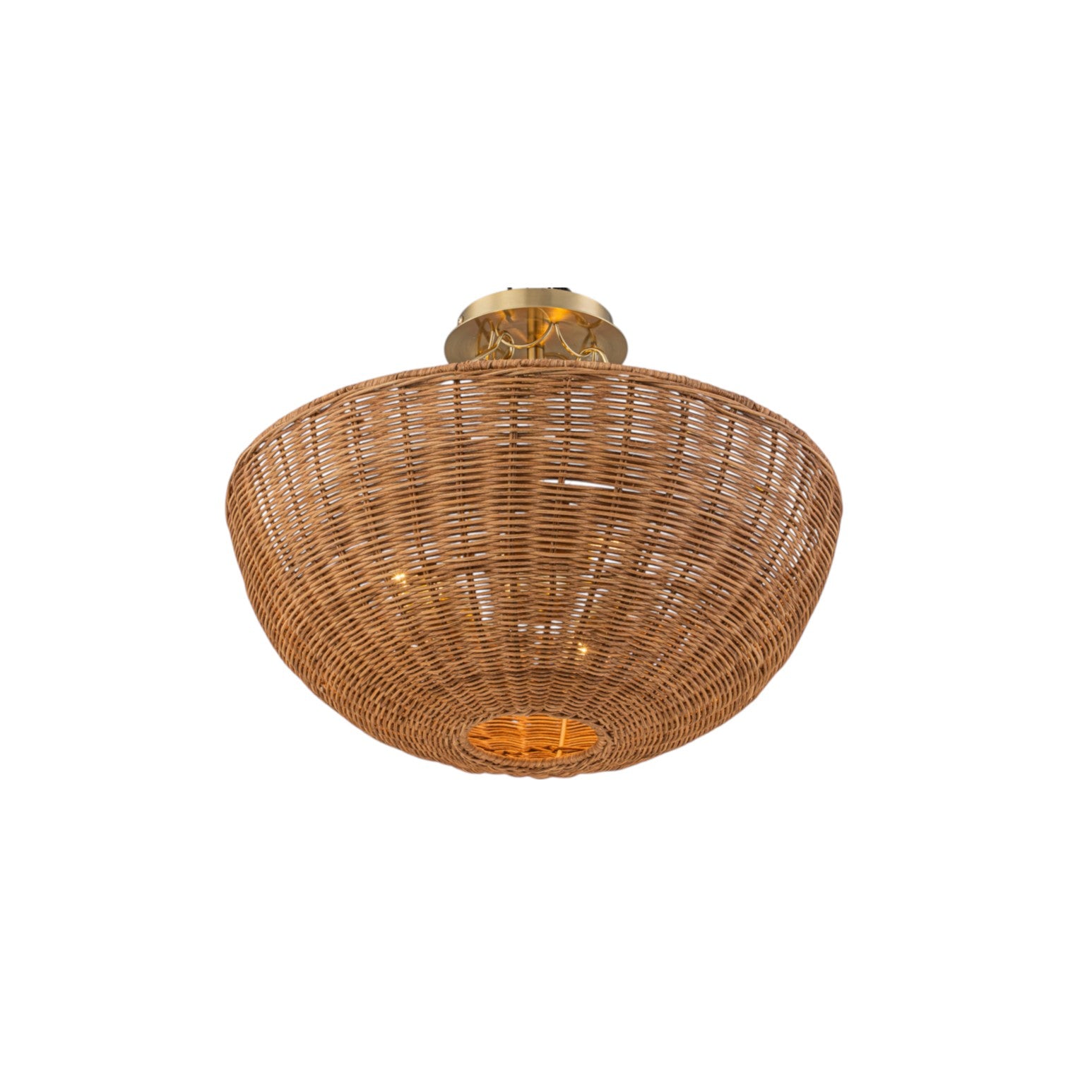Glowlings 3-Light Boho Brass Rattan Semi Flush Mount Ceiling Light Handwoven Wicker Bowl Light Fixture