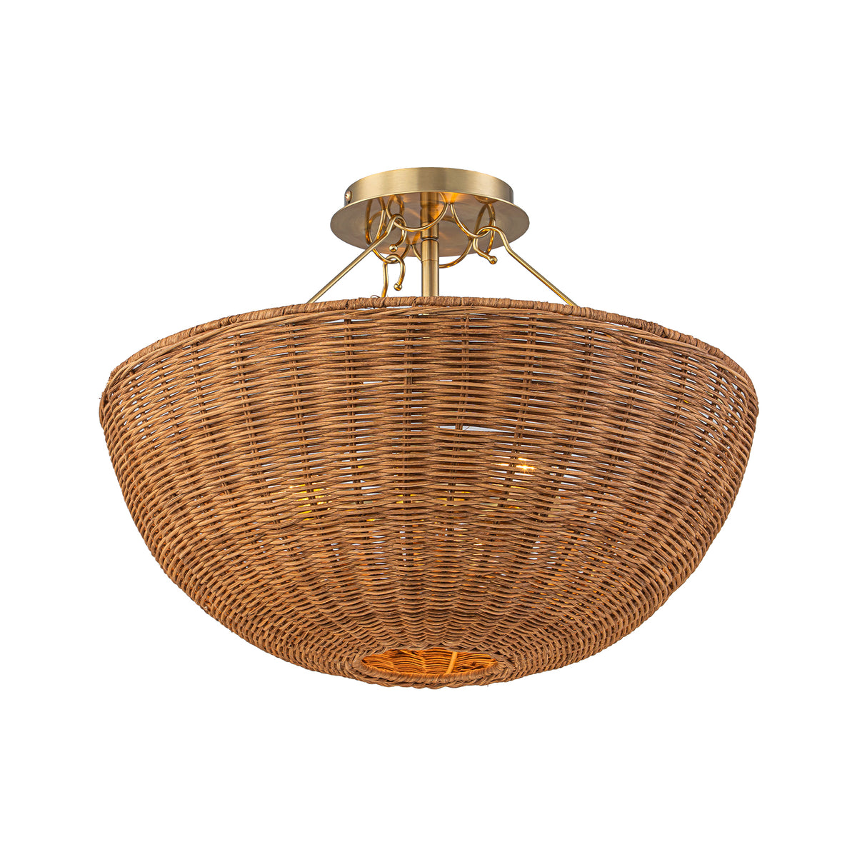 Glowlings 3-Light Boho Brass Rattan Semi Flush Mount Ceiling Light Handwoven Wicker Bowl Light Fixture