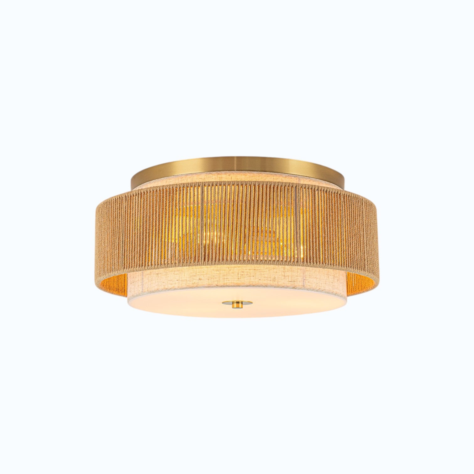 Glowlings 3-Light Boho Woven Jute Rope & Fabric Shade Natural Brass Drum Flush Mount Ceiling Light