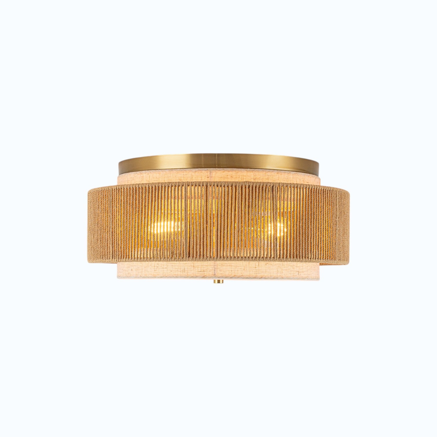 Glowlings 3-Light Boho Woven Jute Rope & Fabric Shade Natural Brass Drum Flush Mount Ceiling Light