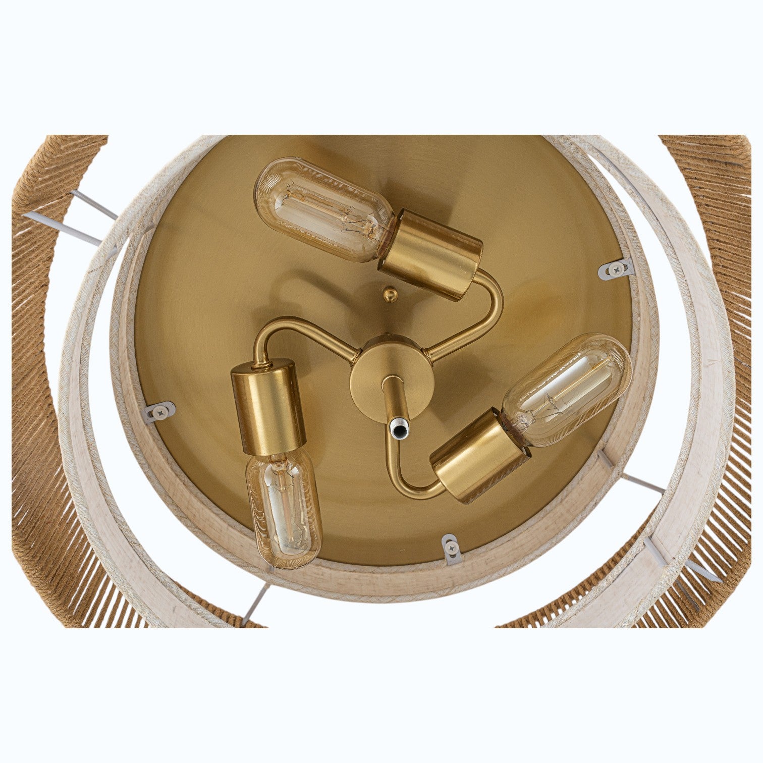 Glowlings 3-Light Boho Woven Jute Rope & Fabric Shade Natural Brass Drum Flush Mount Ceiling Light