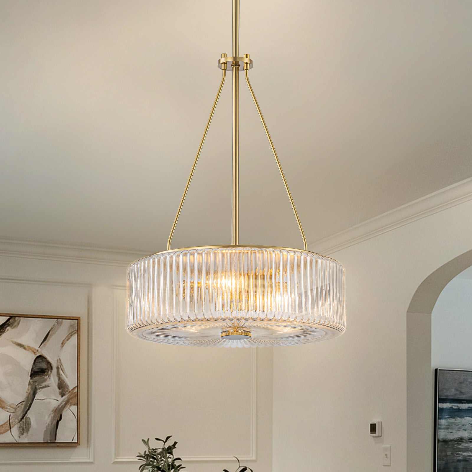 Glowlings 3-Light Modern 14"Wide Brass Drum Clear Ribbed Glass Chandelier Kitchen Island