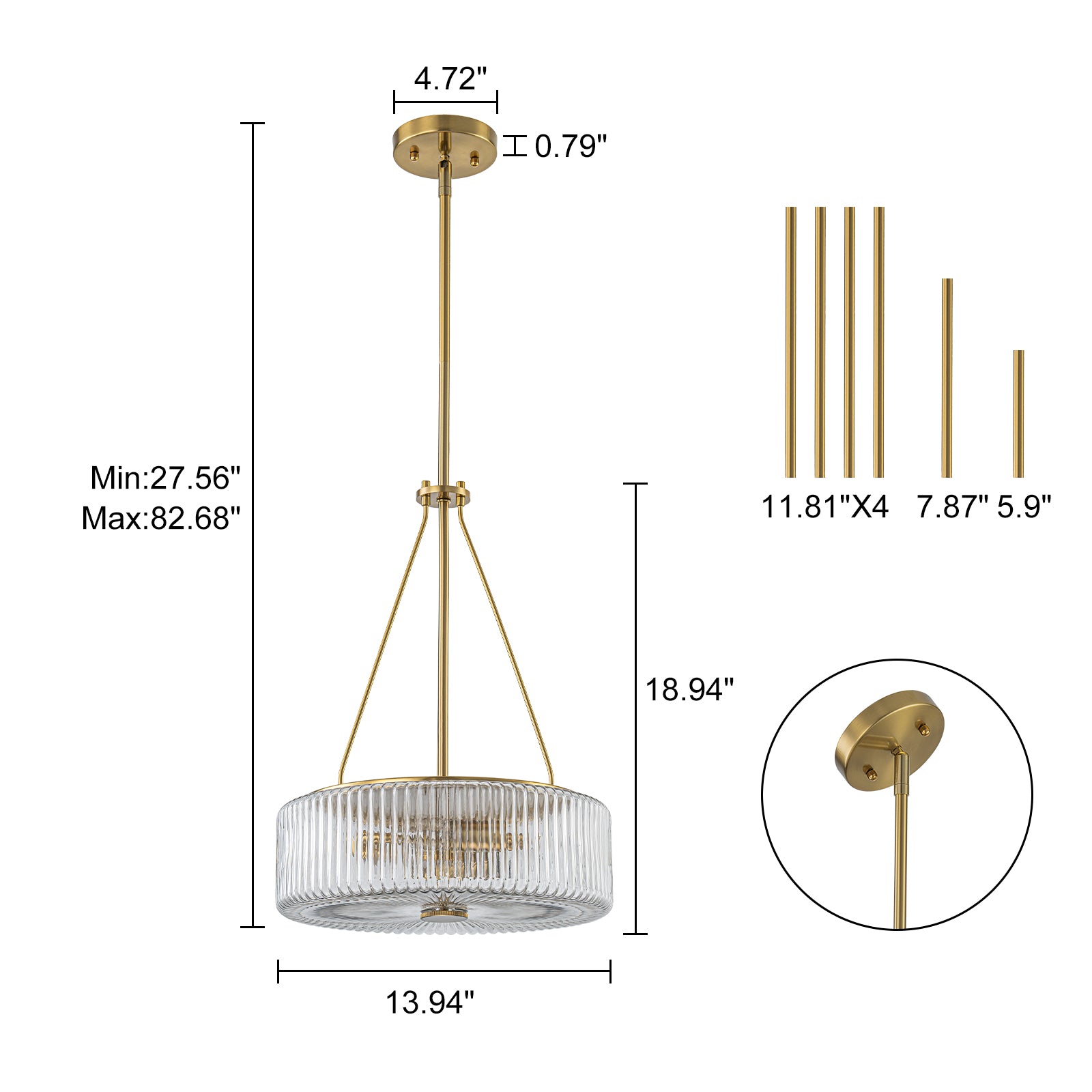 Glowlings 3-Light Modern 14"Wide Brass Drum Clear Ribbed Glass Chandelier Kitchen Island