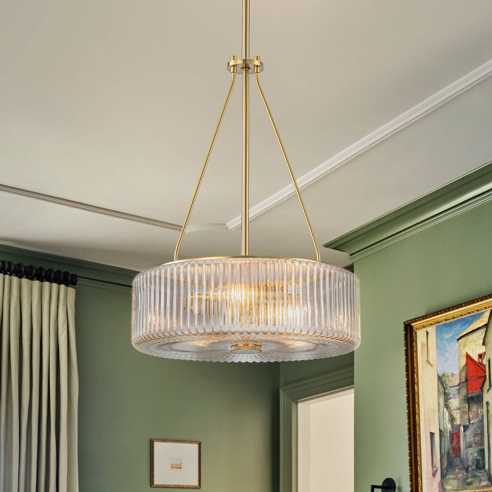 Glowlings 3-Light Modern 14"Wide Brass Drum Ribbed Glass Chandelier Island Light