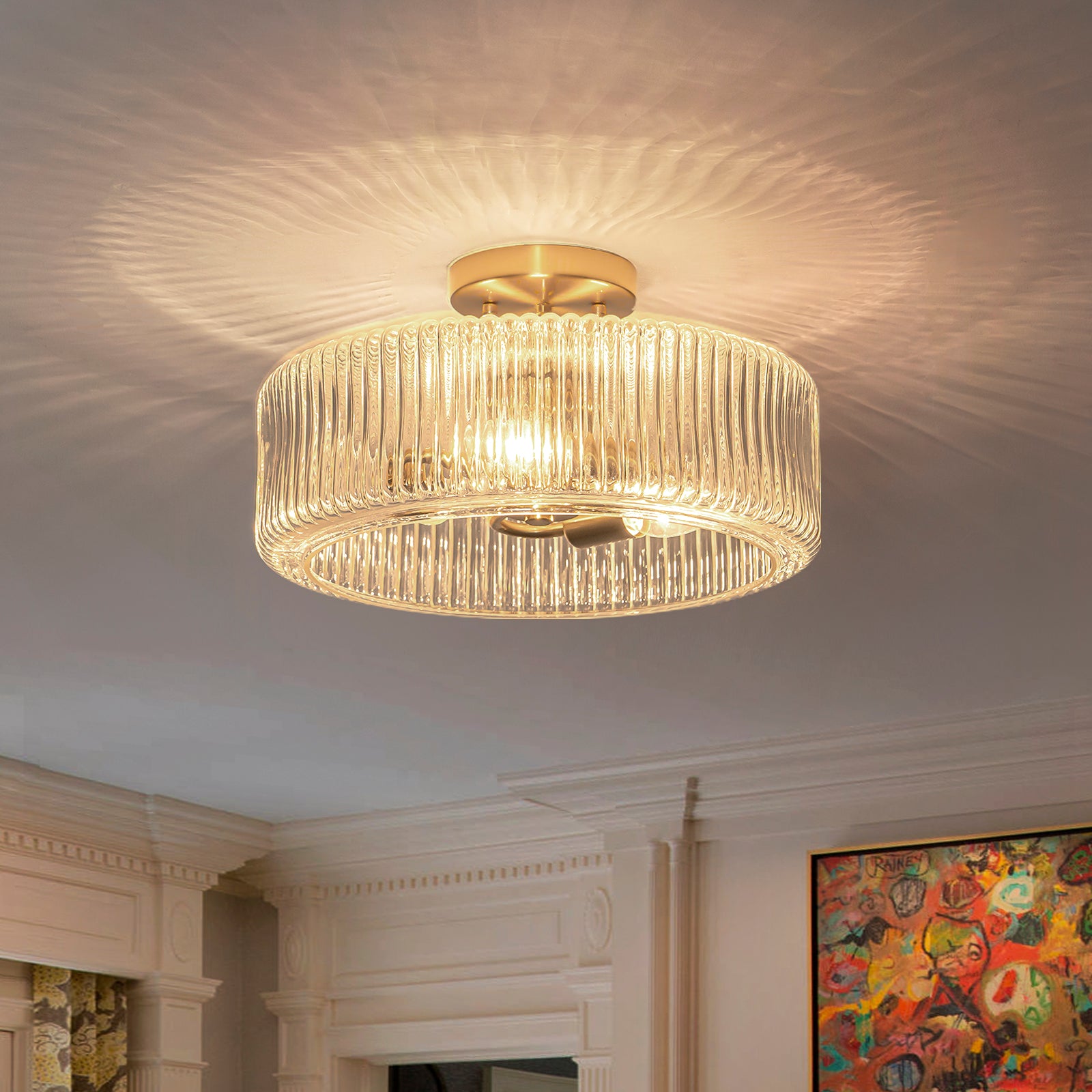 Glowlings 3-Light Modern 14"Wide Brass Drum Clear Ribbed Glass Chandelier/Semi-Flush Mount