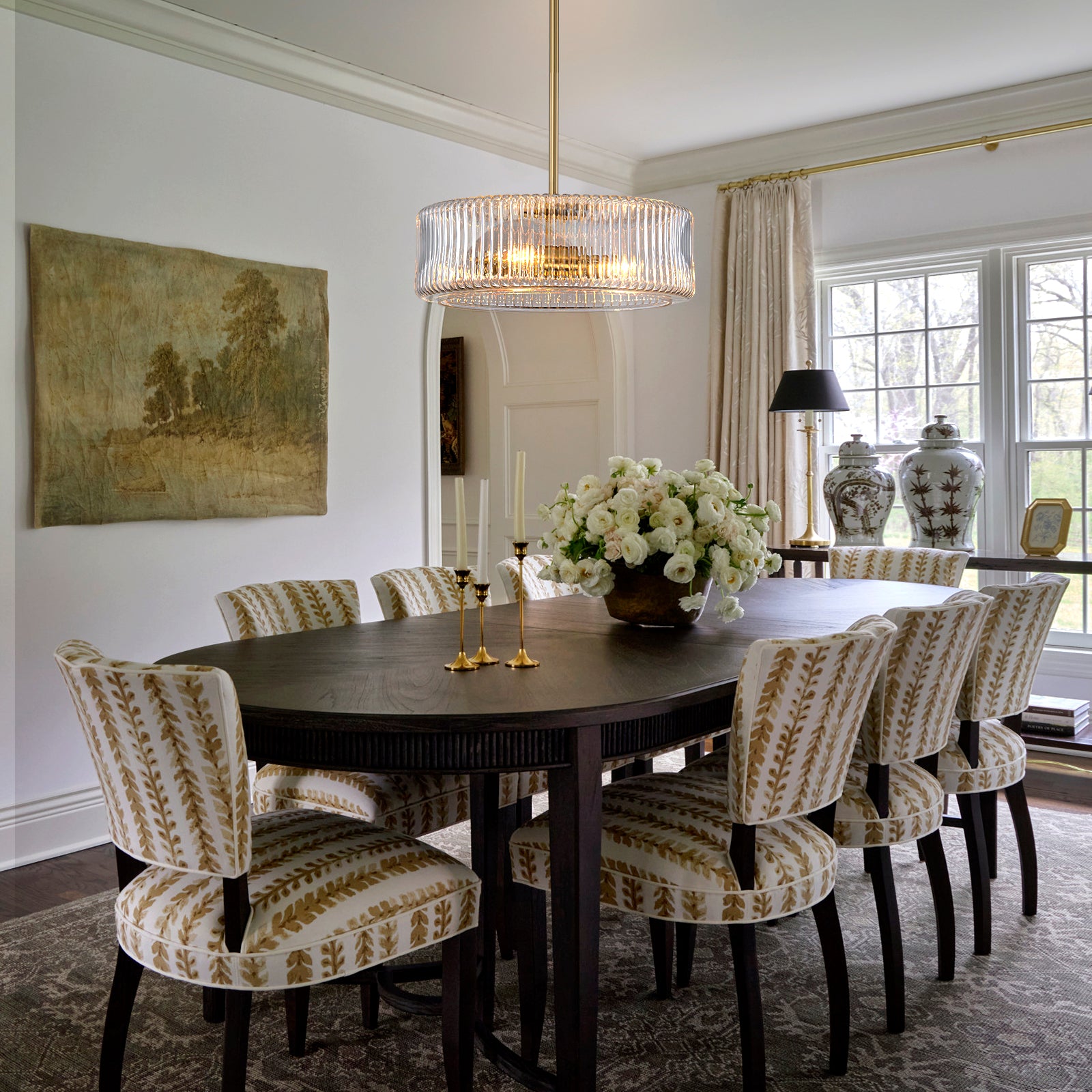 Glowlings 3-Light Modern 14"Wide Brass Drum Clear Ribbed Glass Chandelier/Semi-Flush Mount