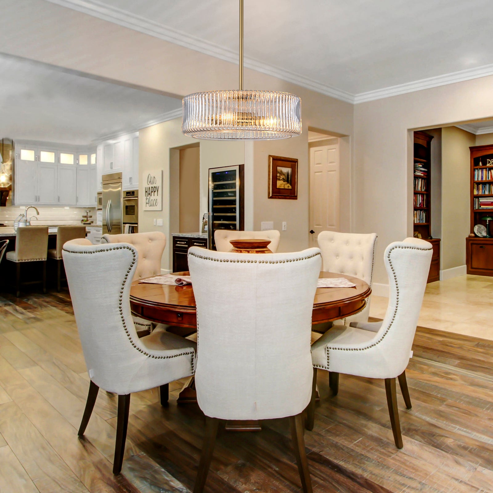 Glowlings 3-Light Modern 14"Wide Brass Drum Clear Ribbed Glass Chandelier/Semi-Flush Mount