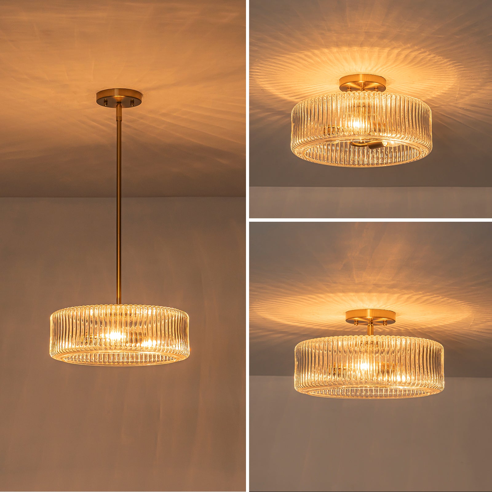 Glowlings 3-Light Modern 14"Wide Brass Drum Clear Ribbed Glass Chandelier/Semi-Flush Mount