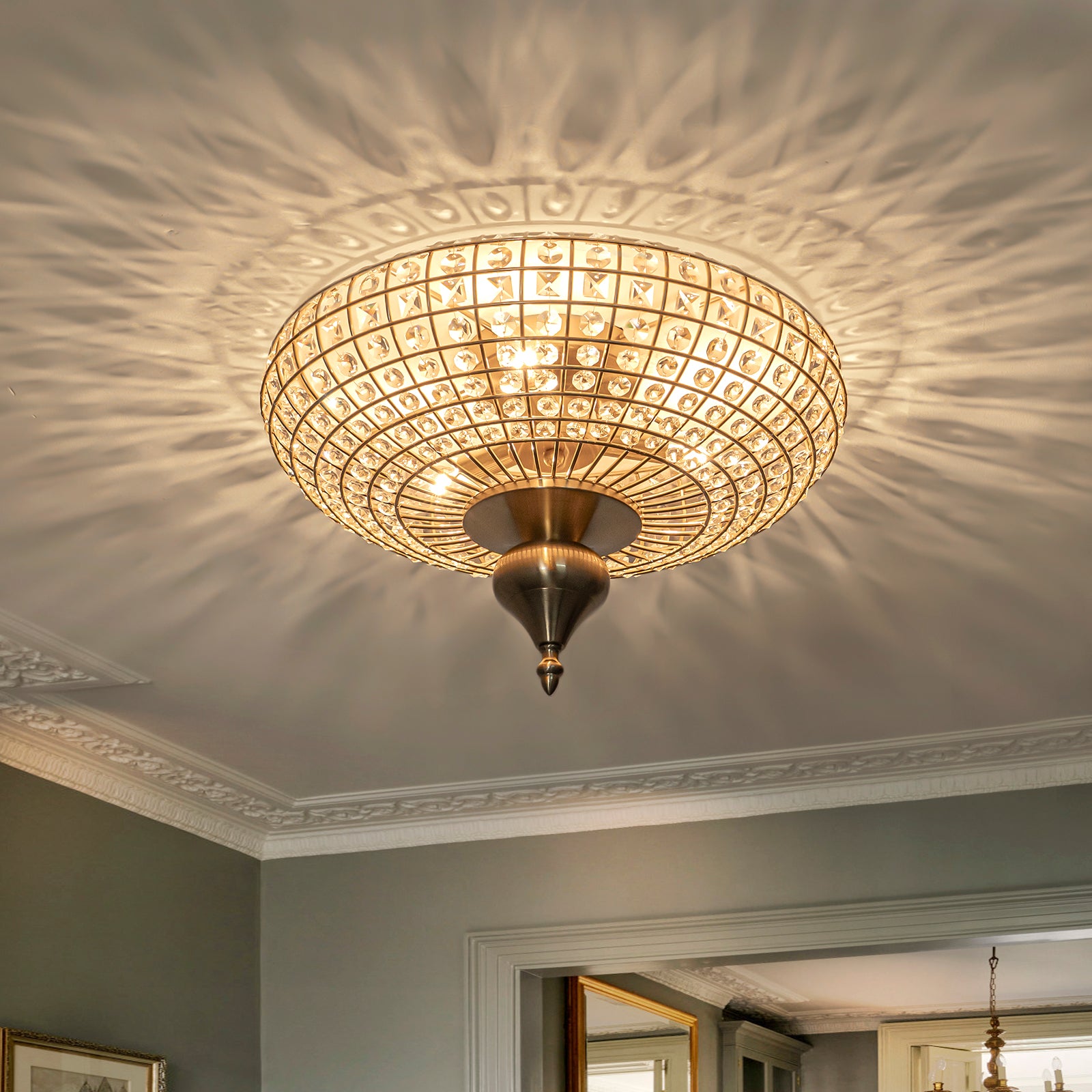 Glowlings 3-Light Vintage 16"Wide Brass Round Handmade Crystal Flush Mount